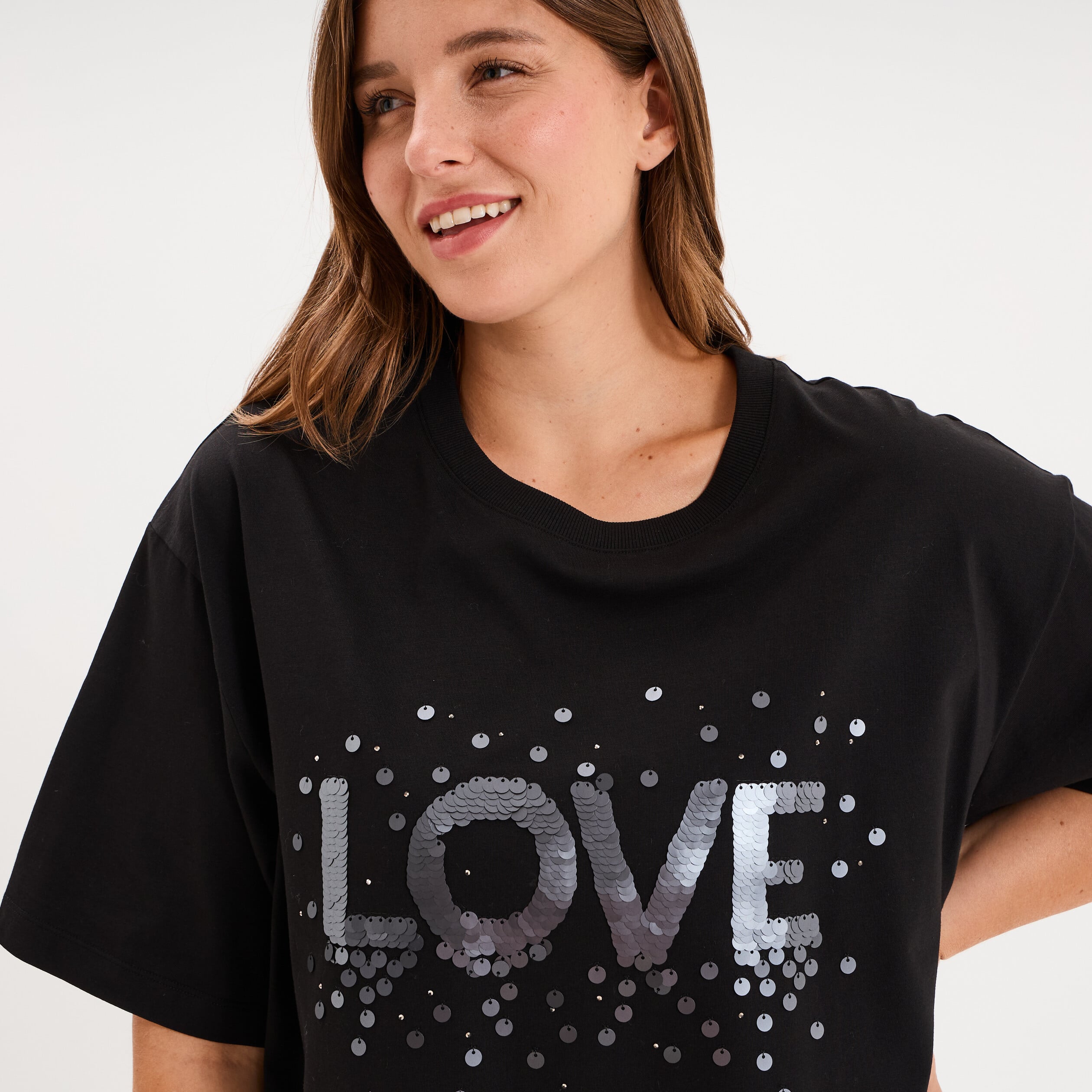 T-shirt oversize &agrave; sequins coton noir femme grande taille