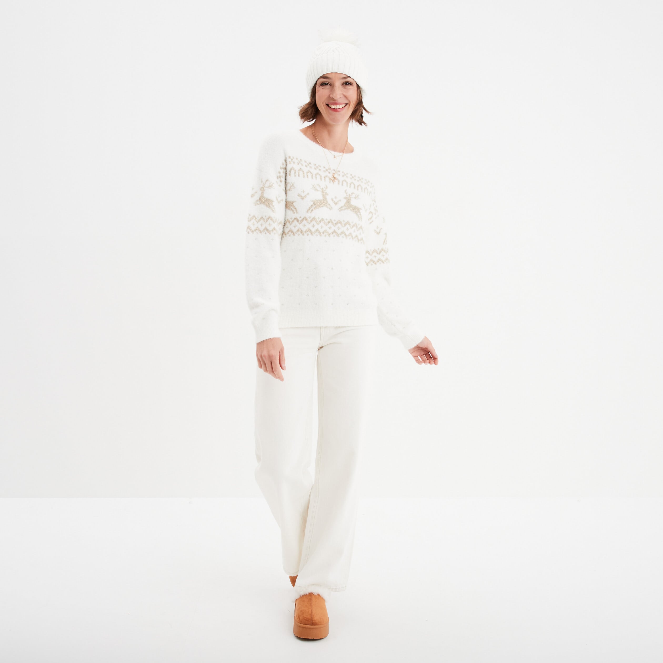 Pull No&euml;l col rond manches longues blanc femme
