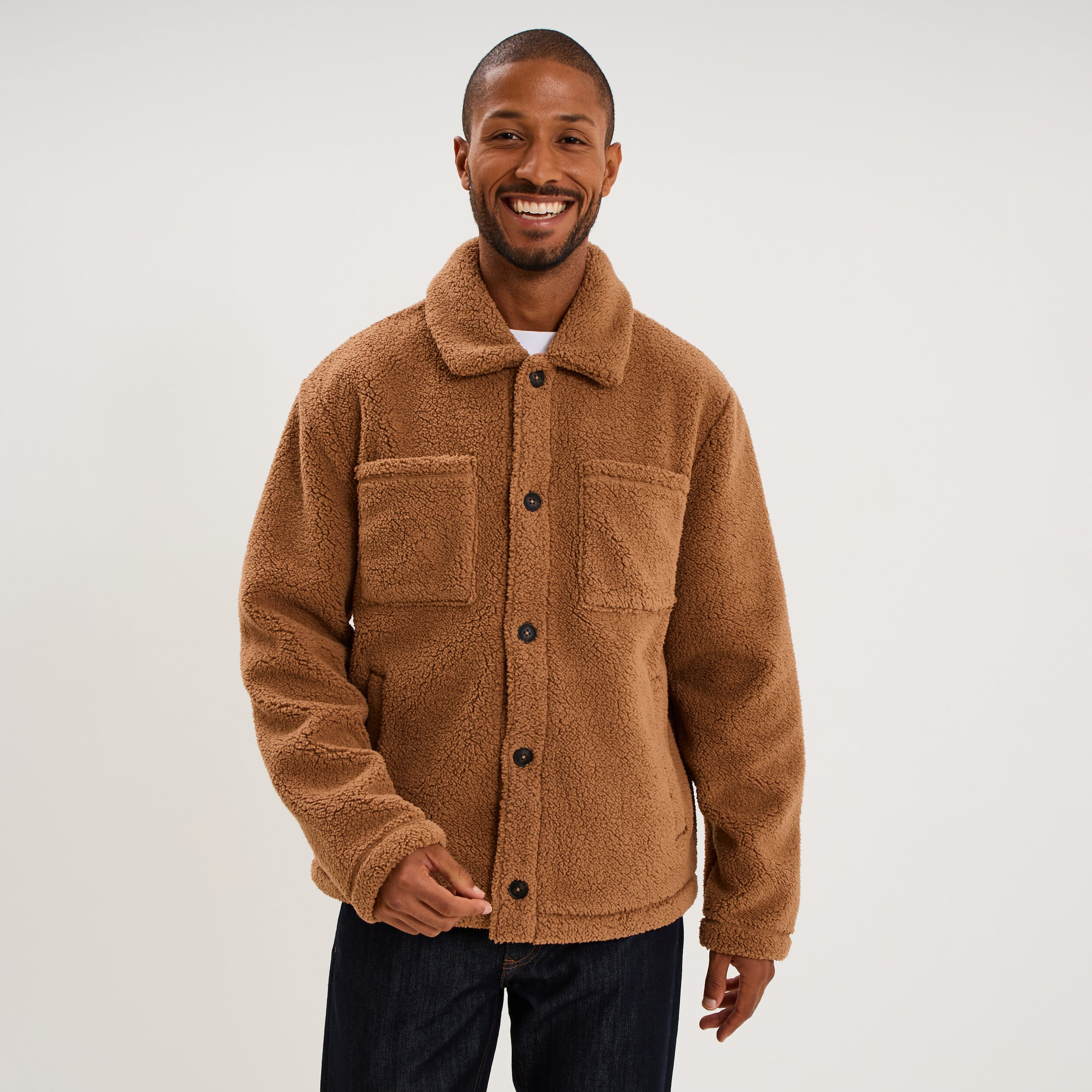 Veste sherpa polaire boutonn&eacute;e marron homme