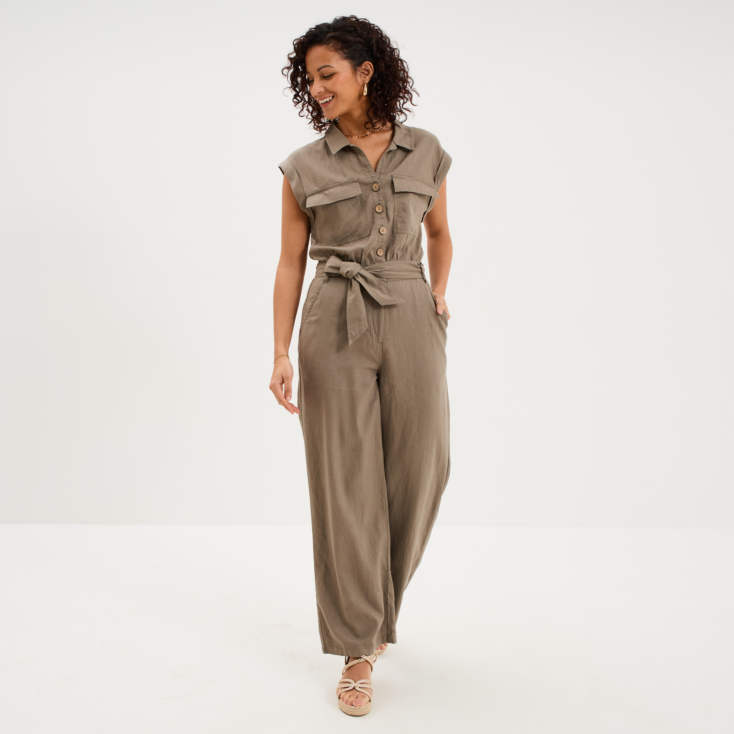 Combinaison pantalon lin m&eacute;lang&eacute; vert kaki femme