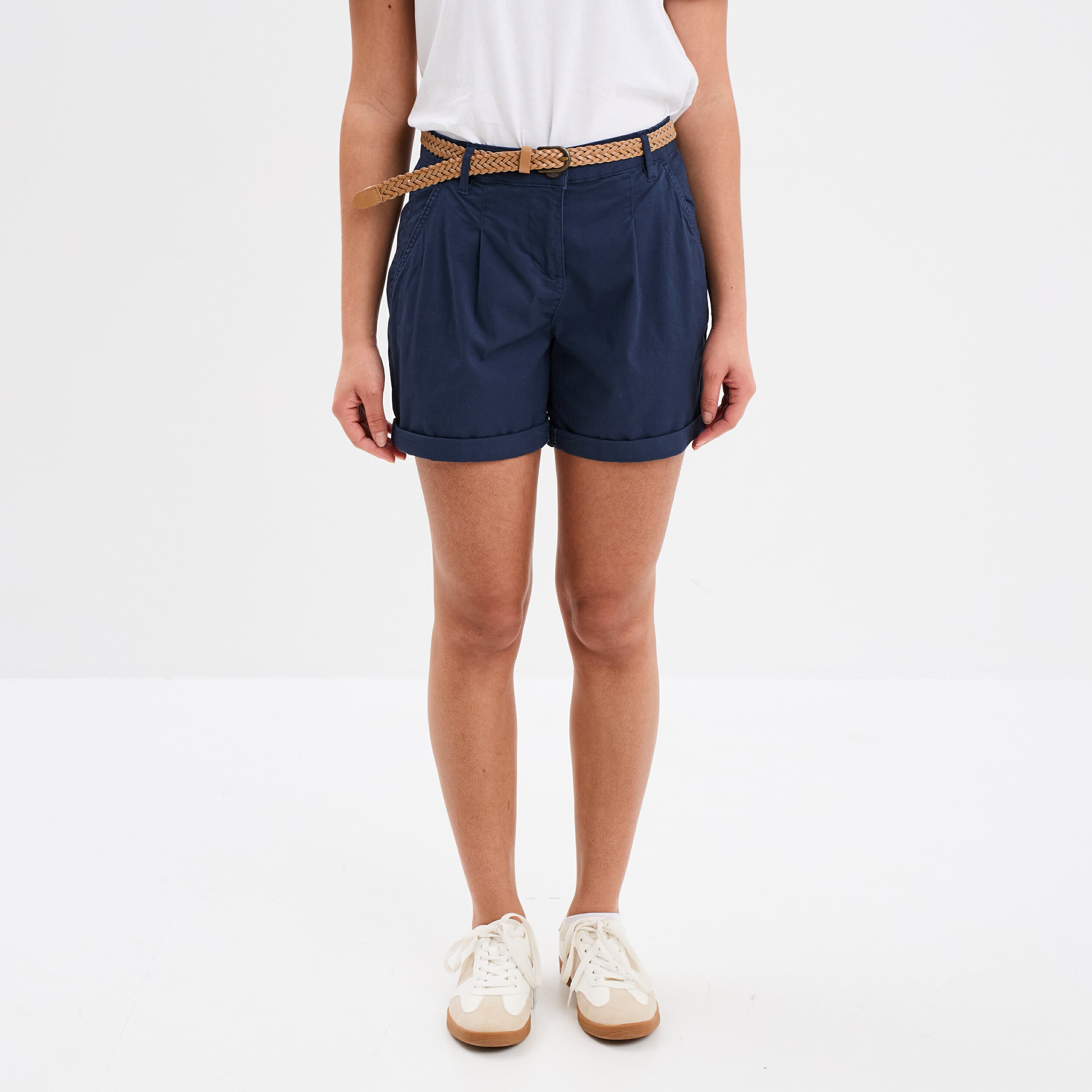 Short chino ceinture tress&eacute;e bleu marine femme