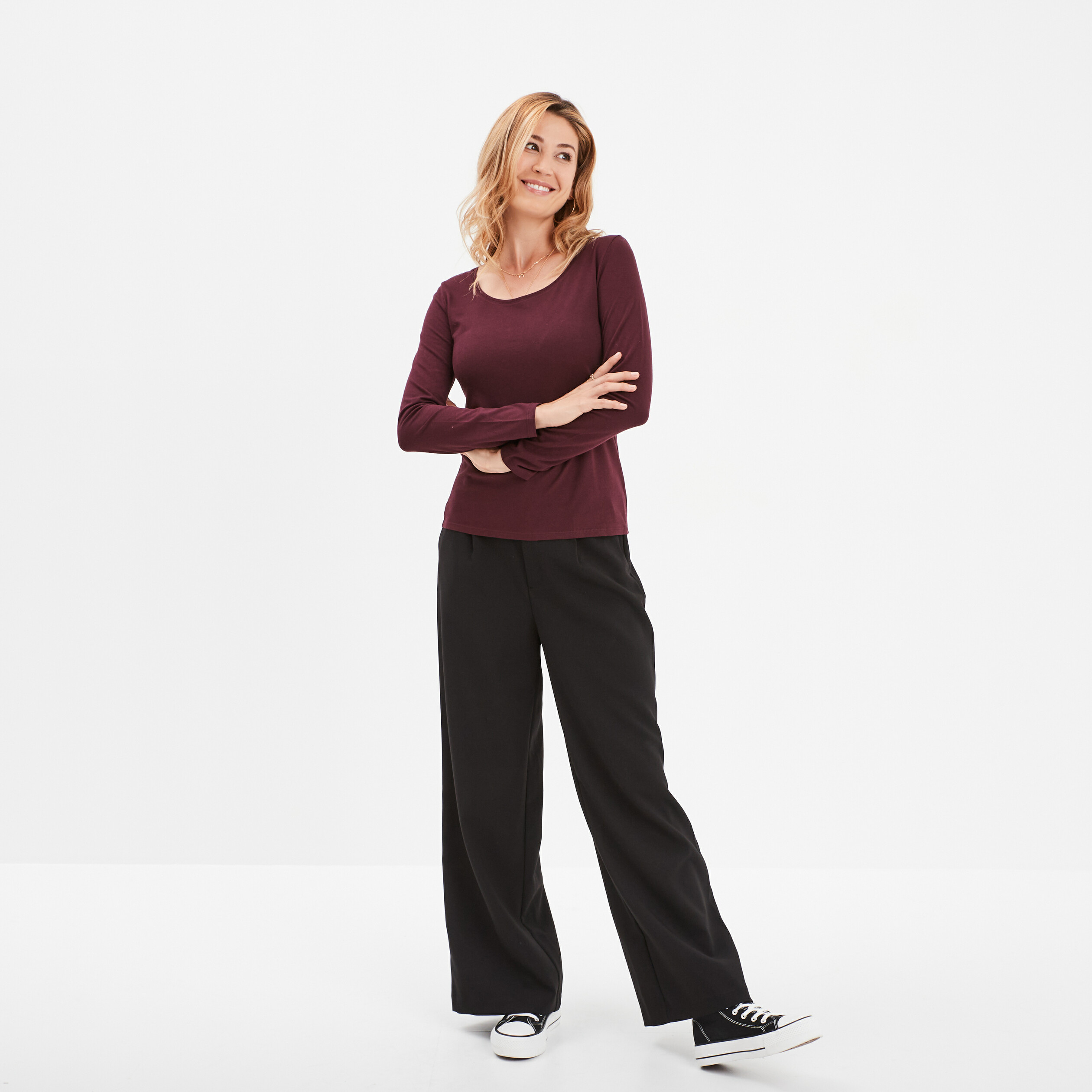 t shirt coton col rond manches longues prune femme T-shirt coton col rond manches longues prune femme