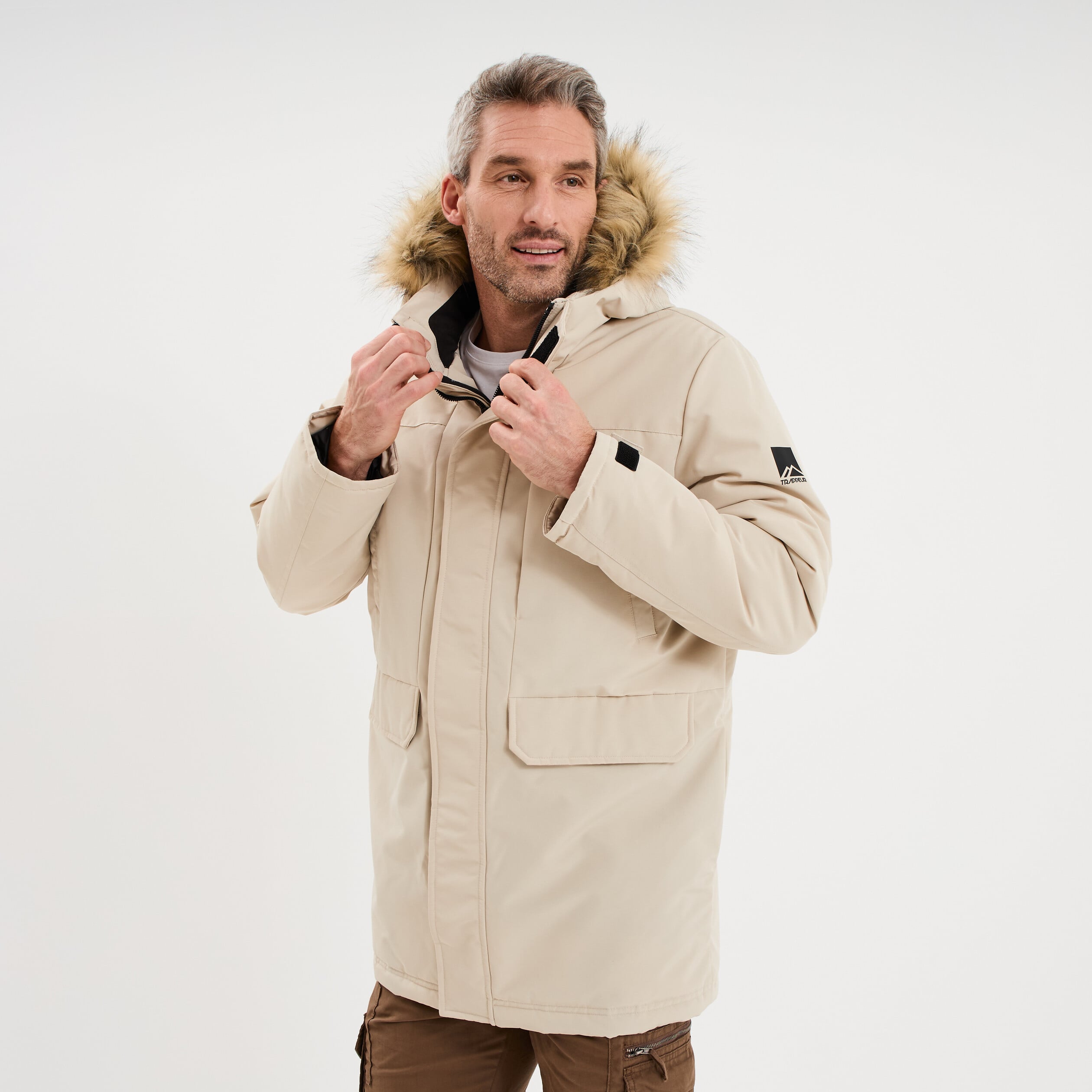 Parka &agrave; capuche fausse fourrure gris argent homme