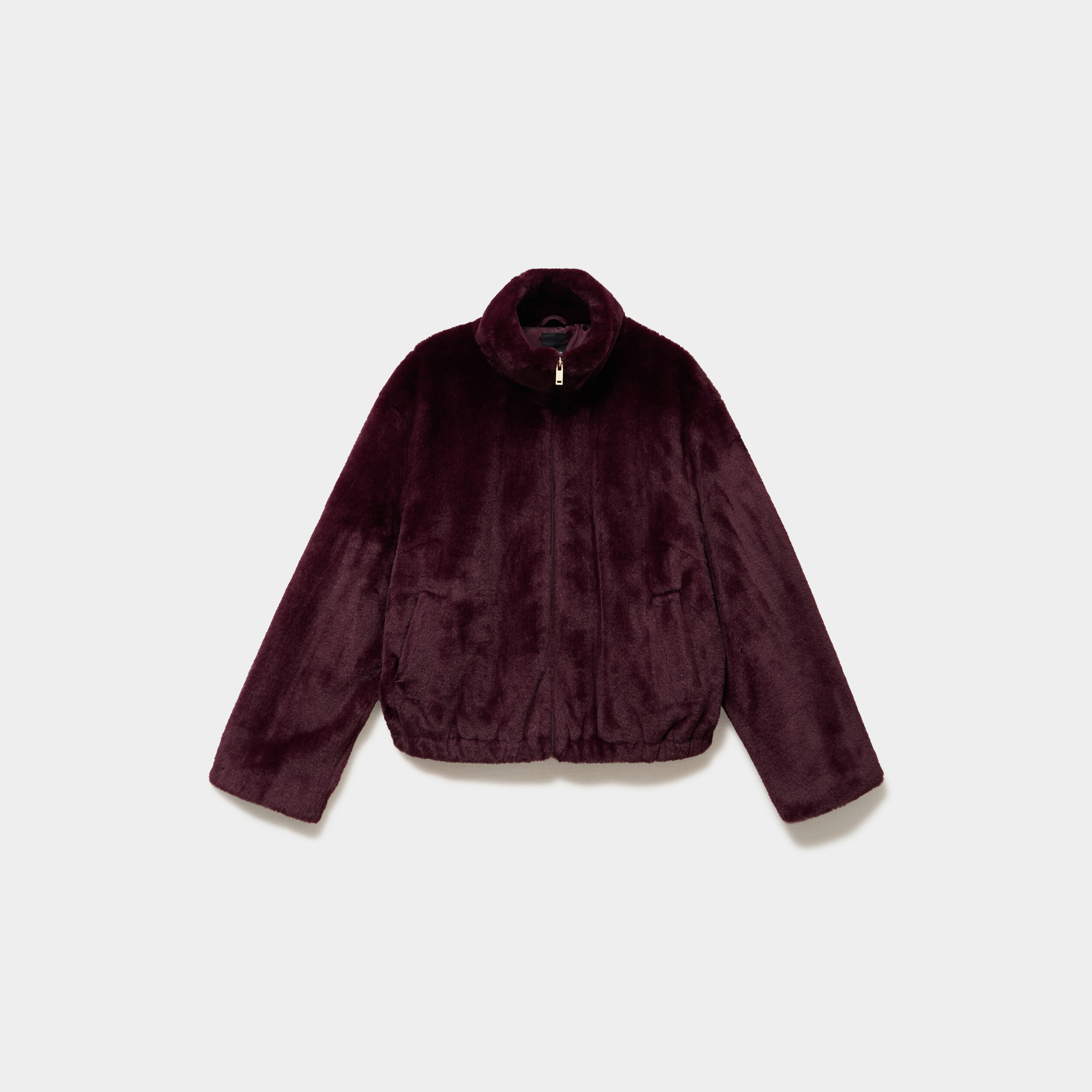Veste fausse fourrure col montant bordeaux femme