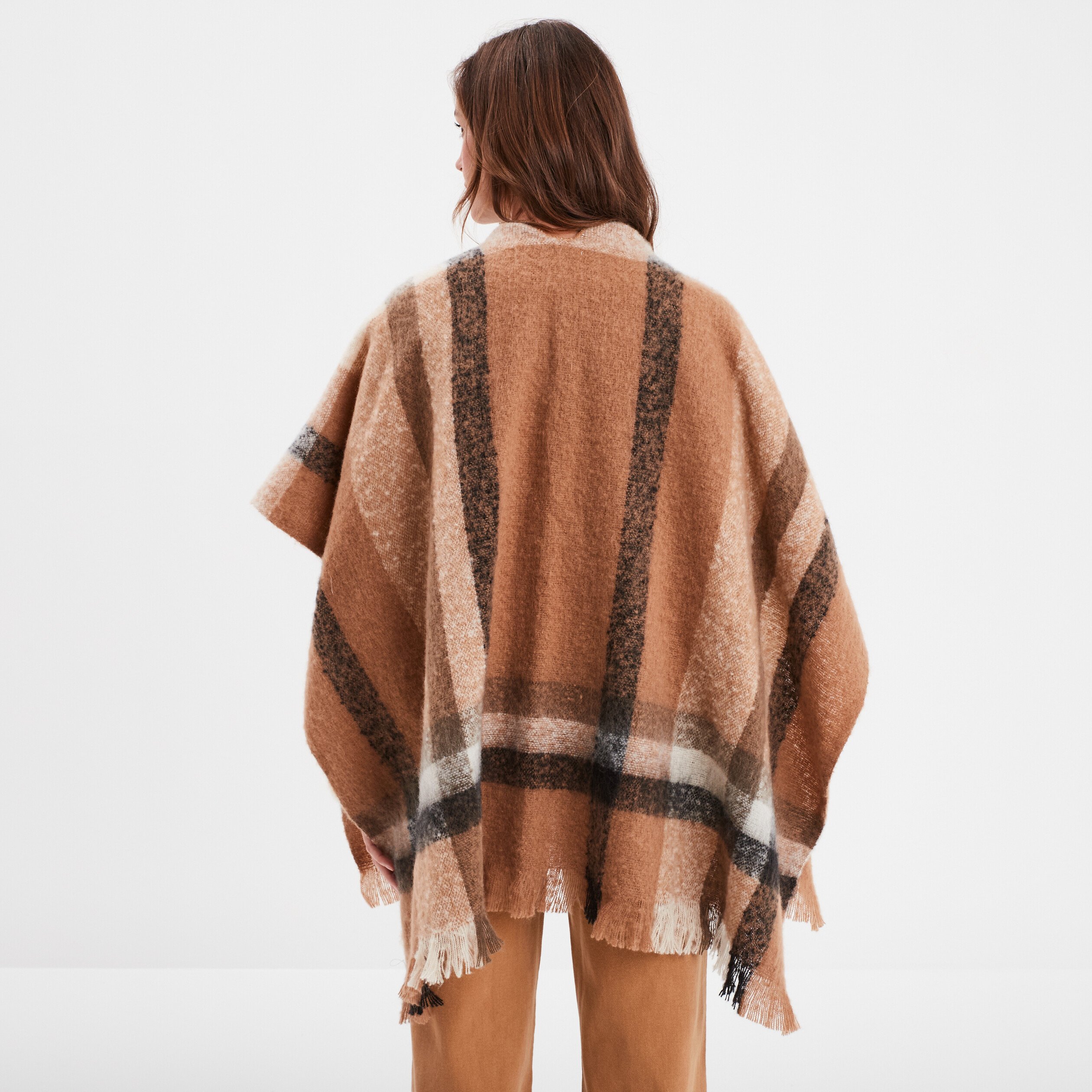 Poncho avec franges marron femme La Halle