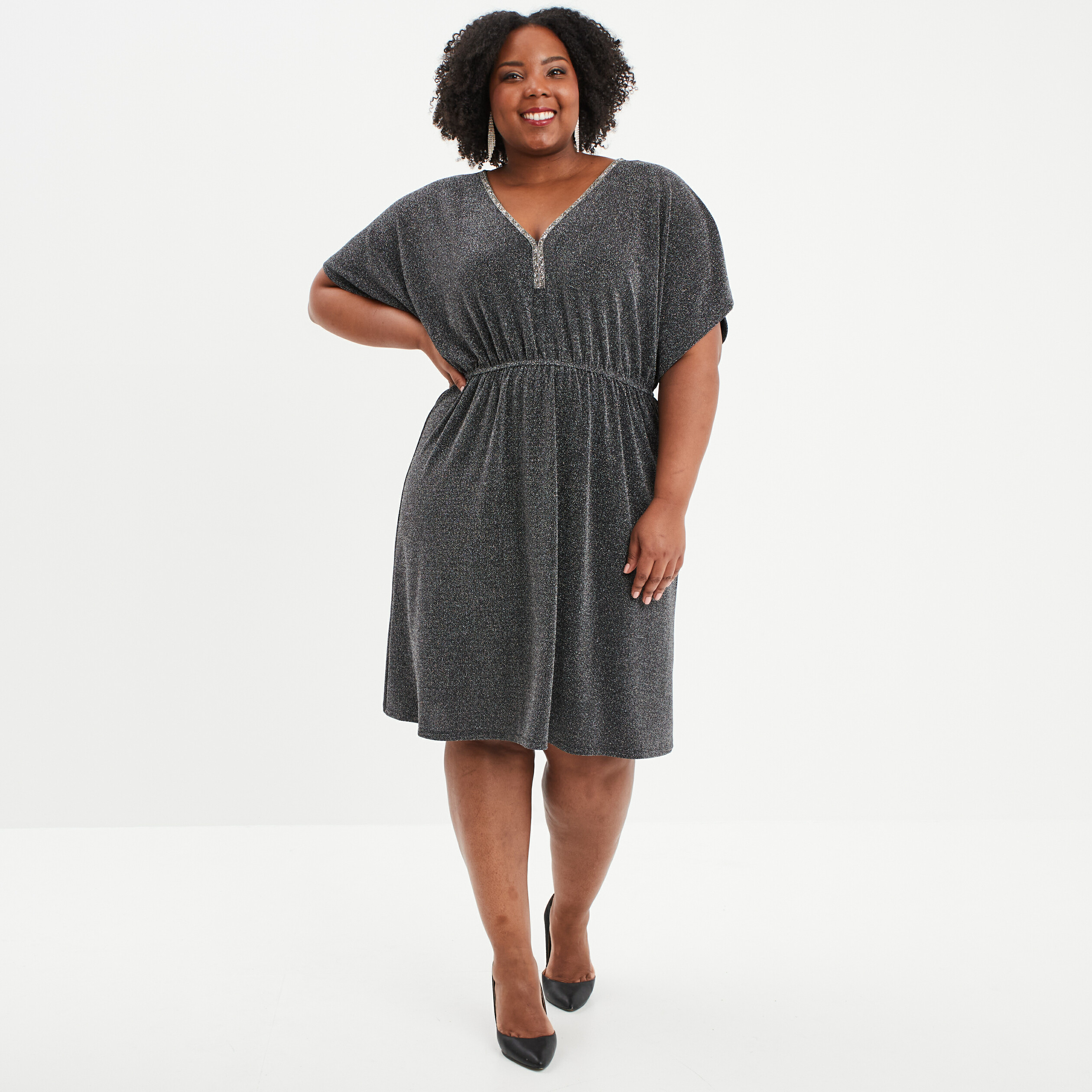 Robe évasée fils métallisés gris argent femme grande taille La Halle