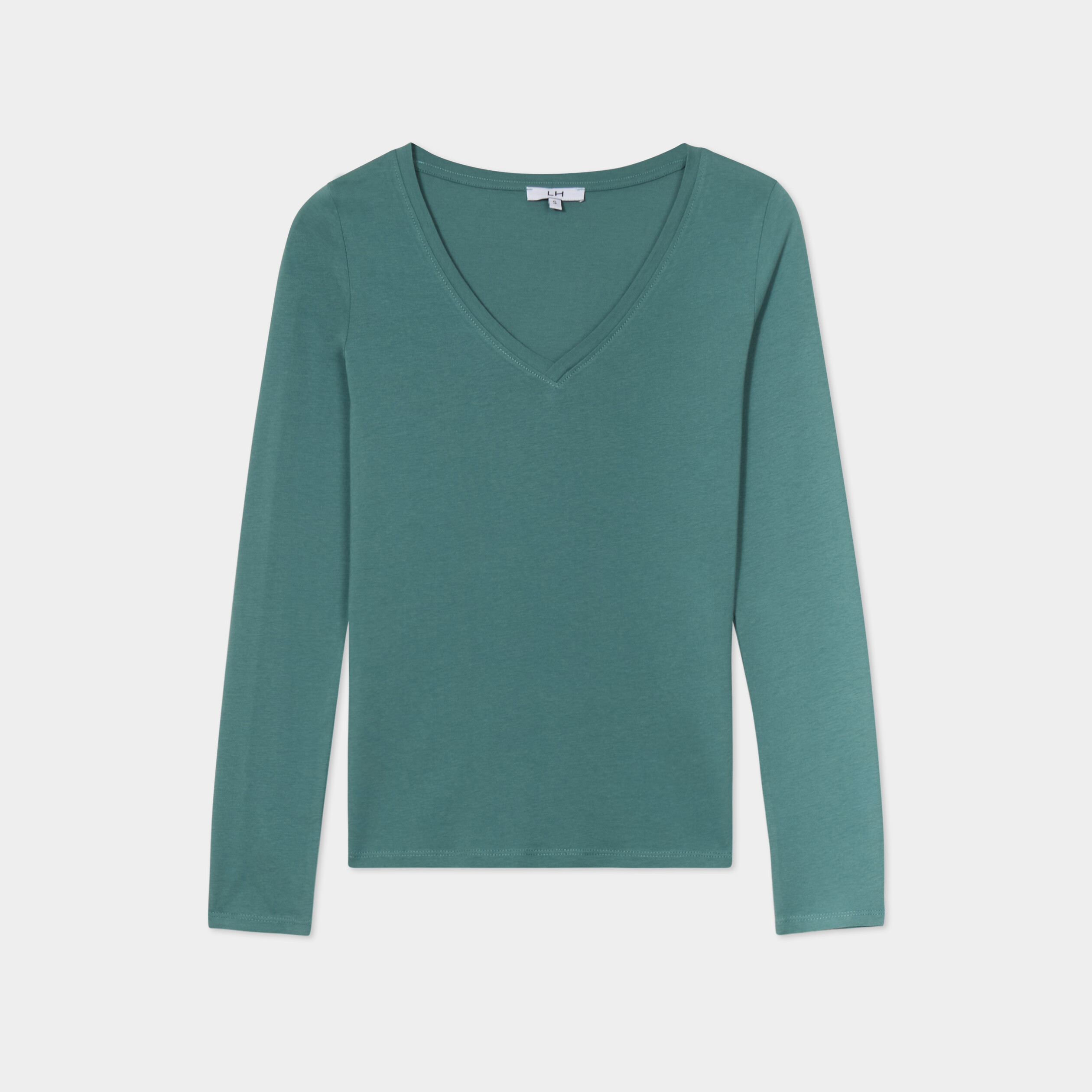T-shirt col en V manches longues coton vert fonc&eacute; femme