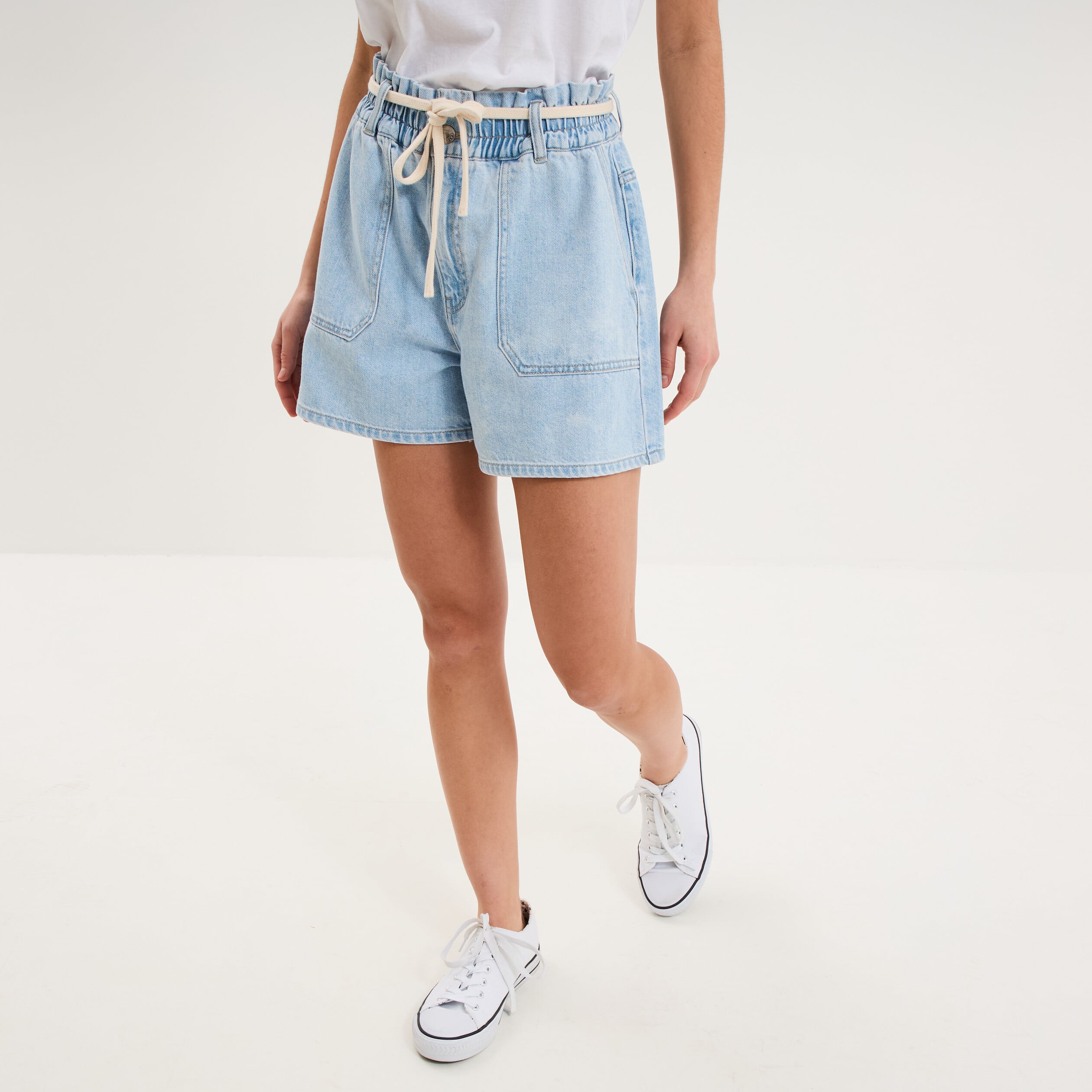 Short mom en jean ceinture cordon denim triple stone femme