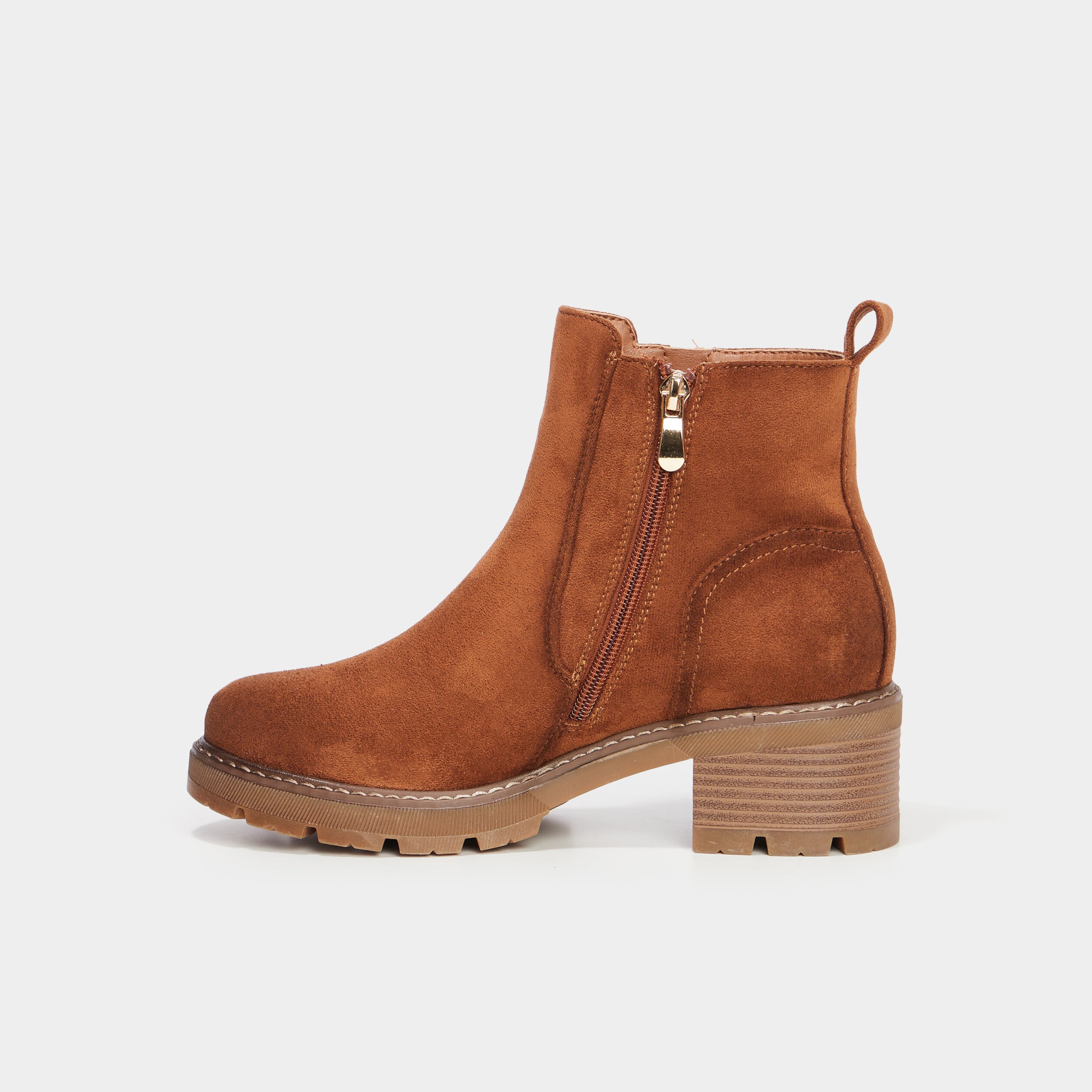 Bottines &agrave; talons effet daim zipp&eacute;es marron femme