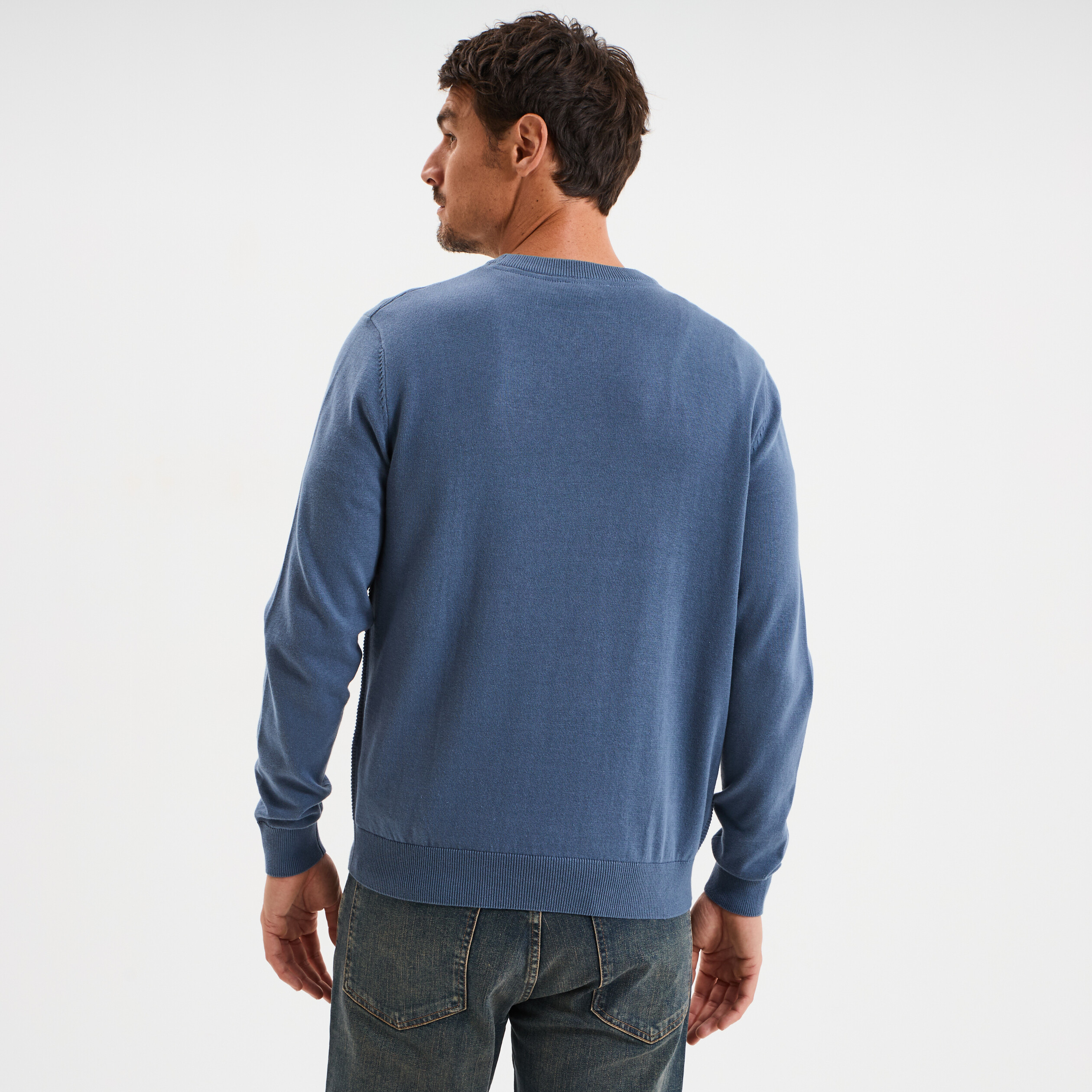 Pull col rond coton manches longues bleu foncé homme