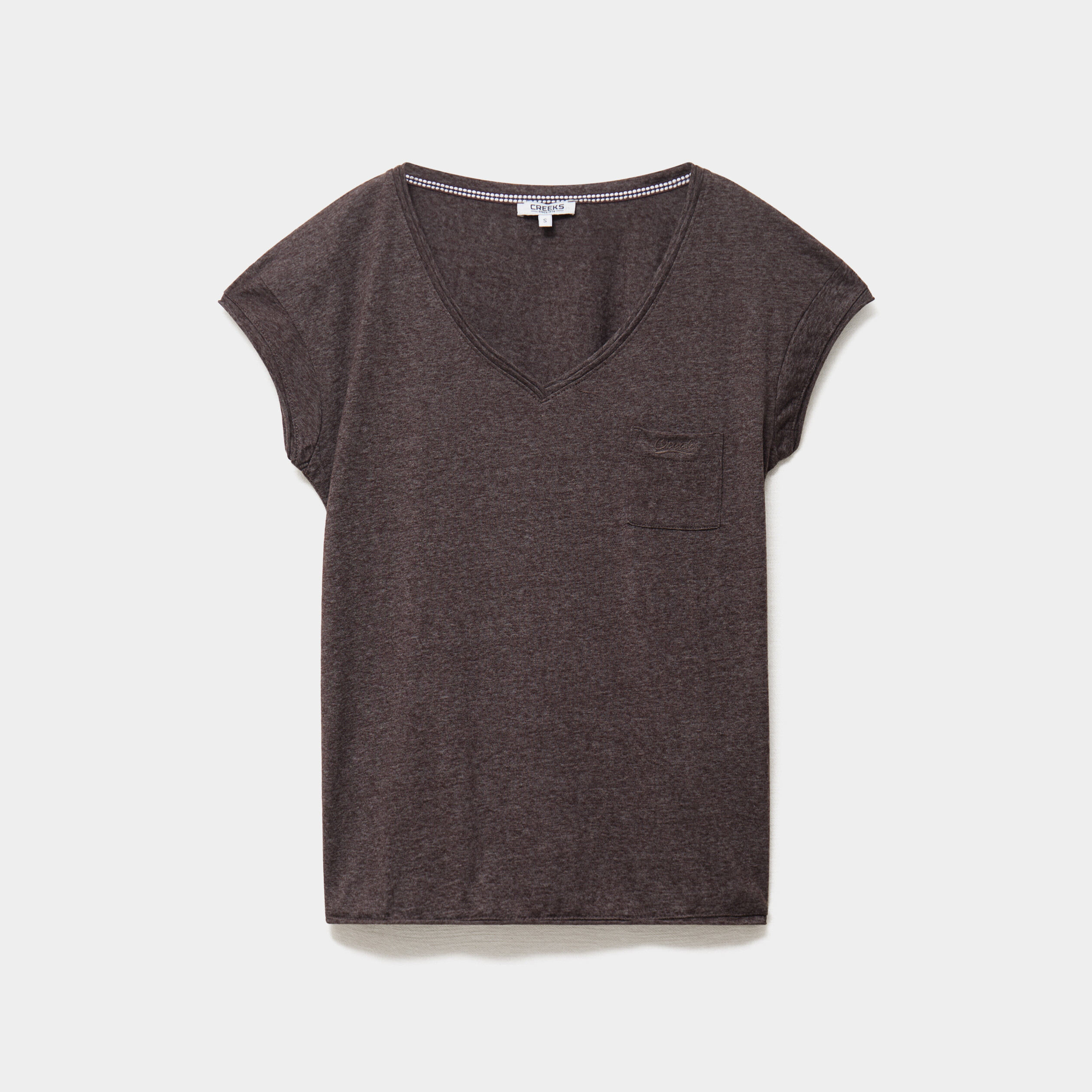 T-shirt col v poche poitrine marron fonc&eacute; femme