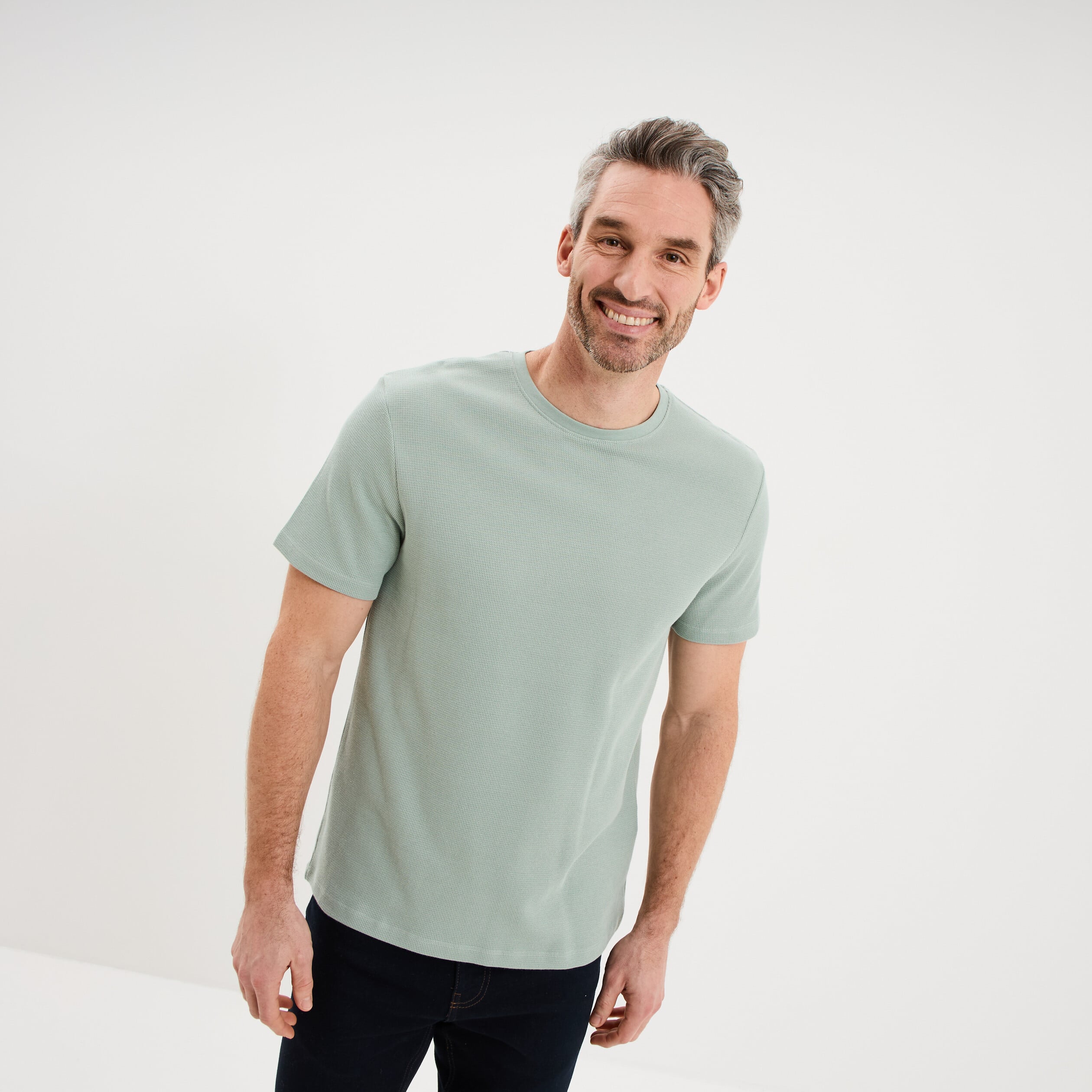 T-shirt textur&eacute; droit col rond coton vert pastel homme