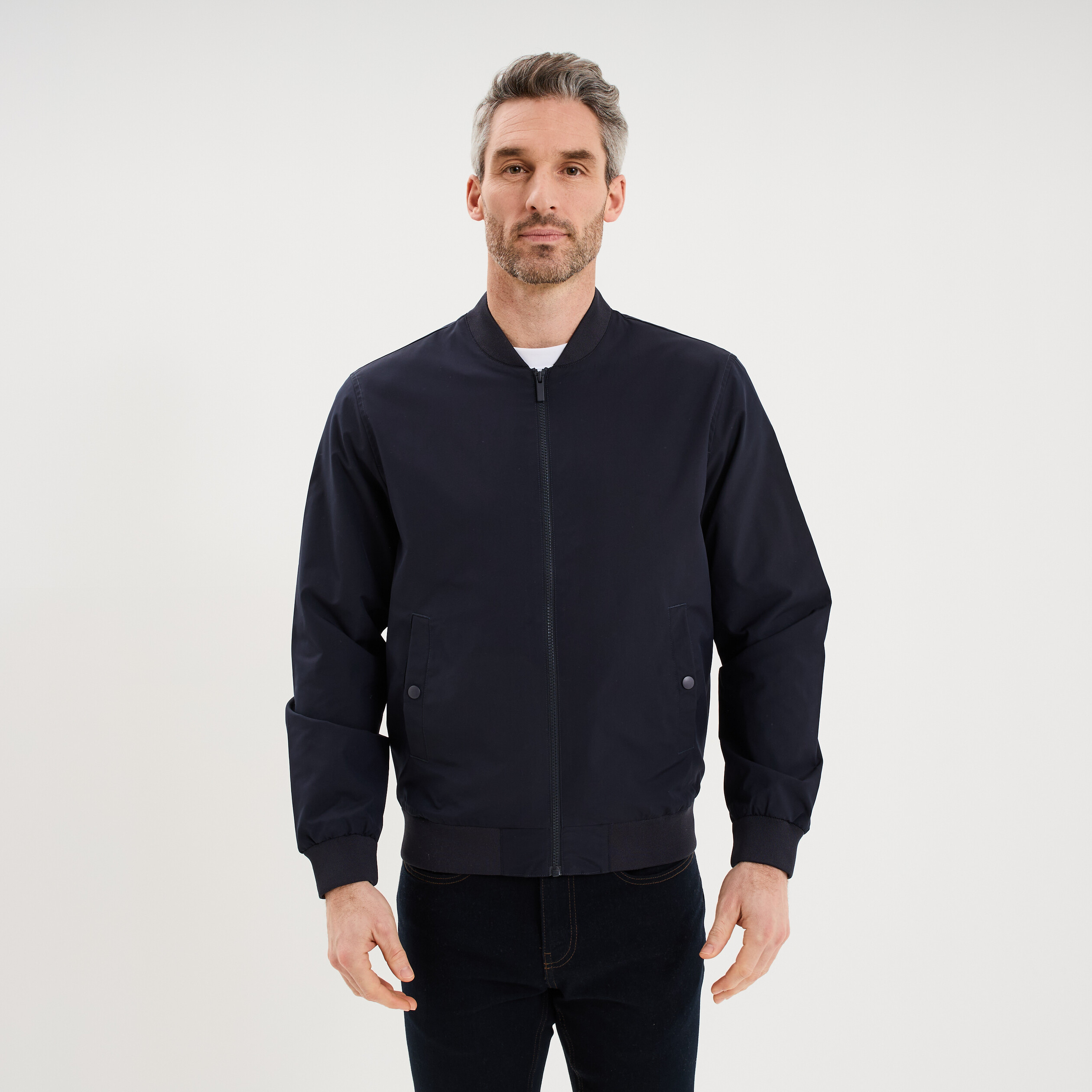 Blouson col teddy d&eacute;perlant bleu fonc&eacute; homme