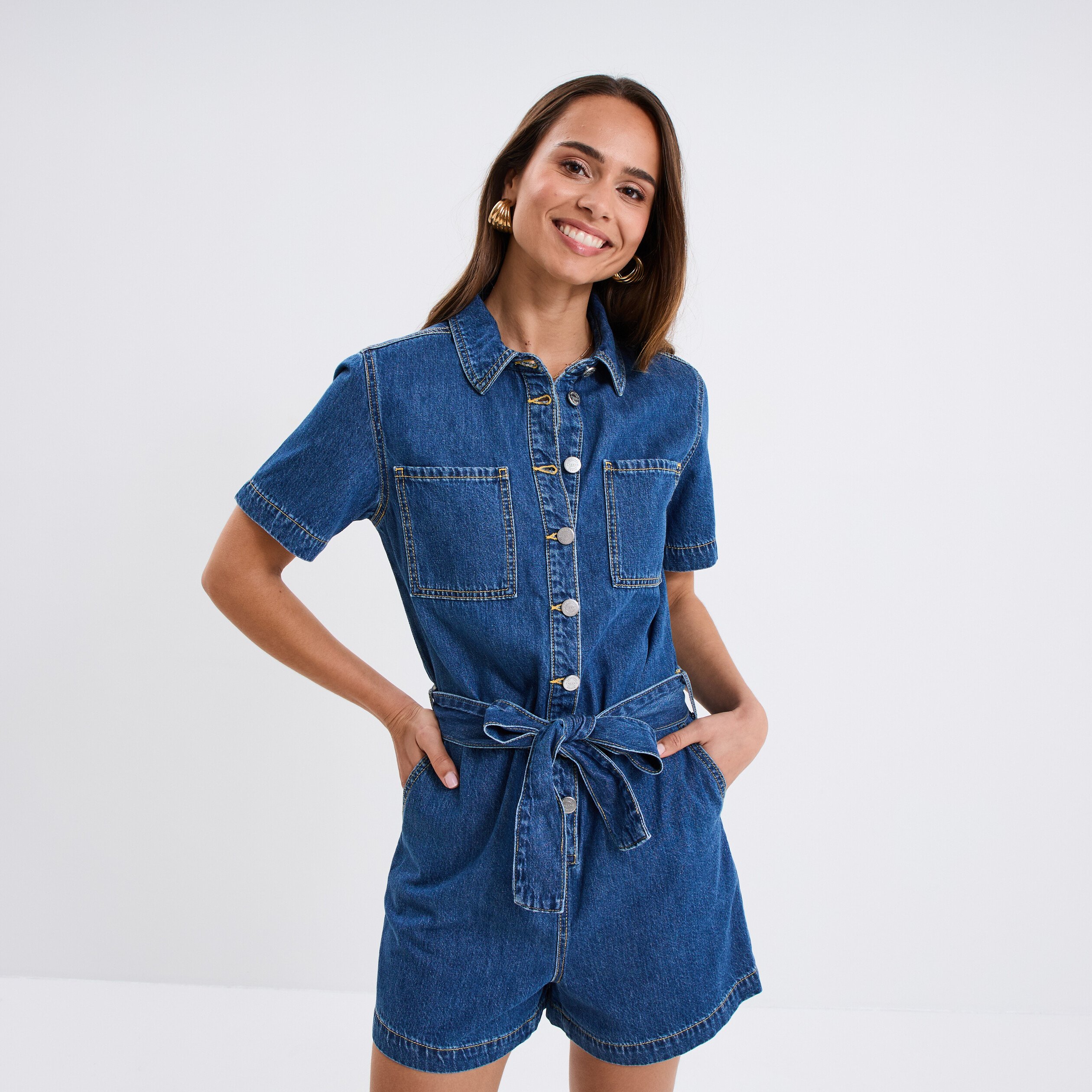 combishort en jean ceinturee coton denim stone femme Combishort en jean ceinturée coton denim stone femme