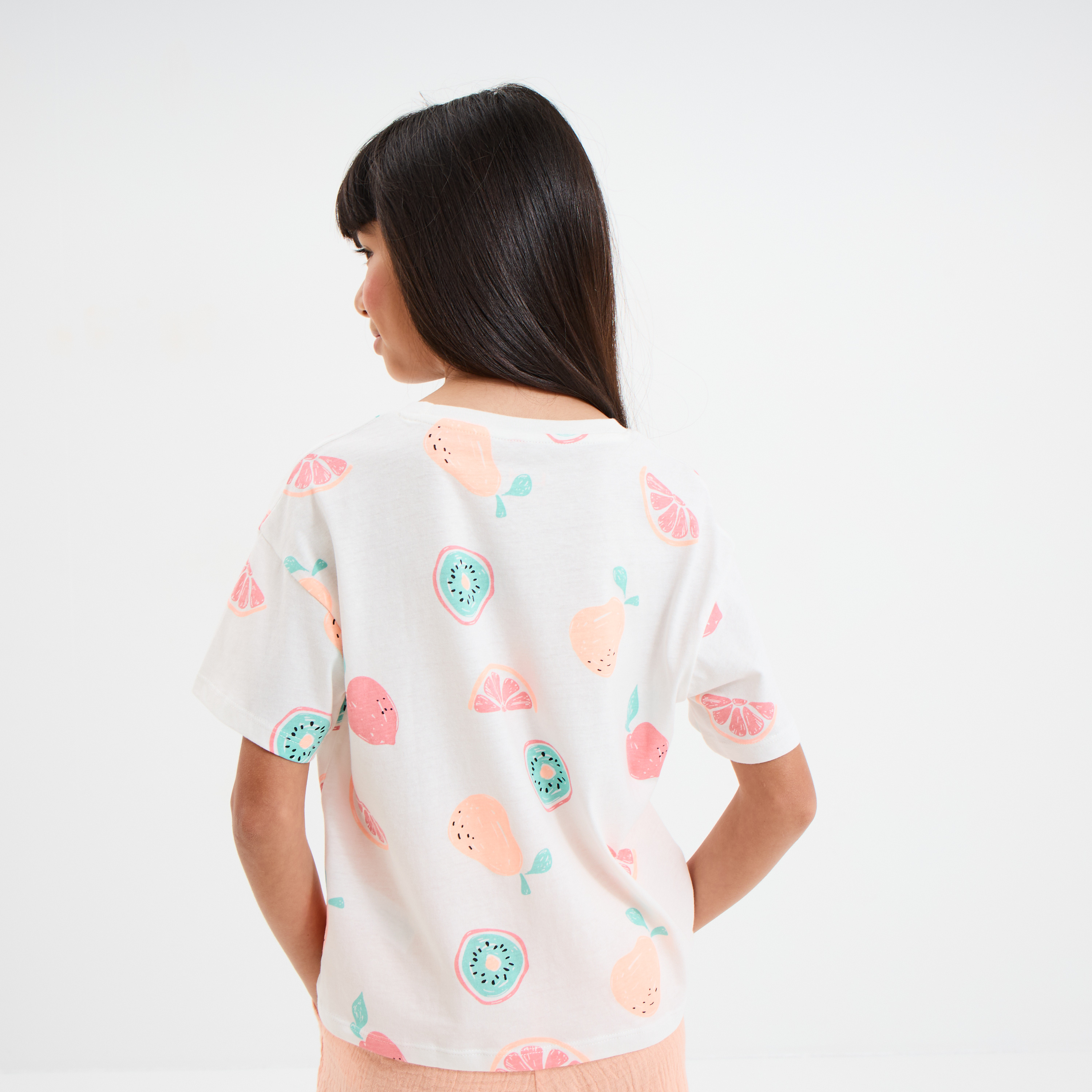 T-shirt col rond manches courtes coton ecru fille