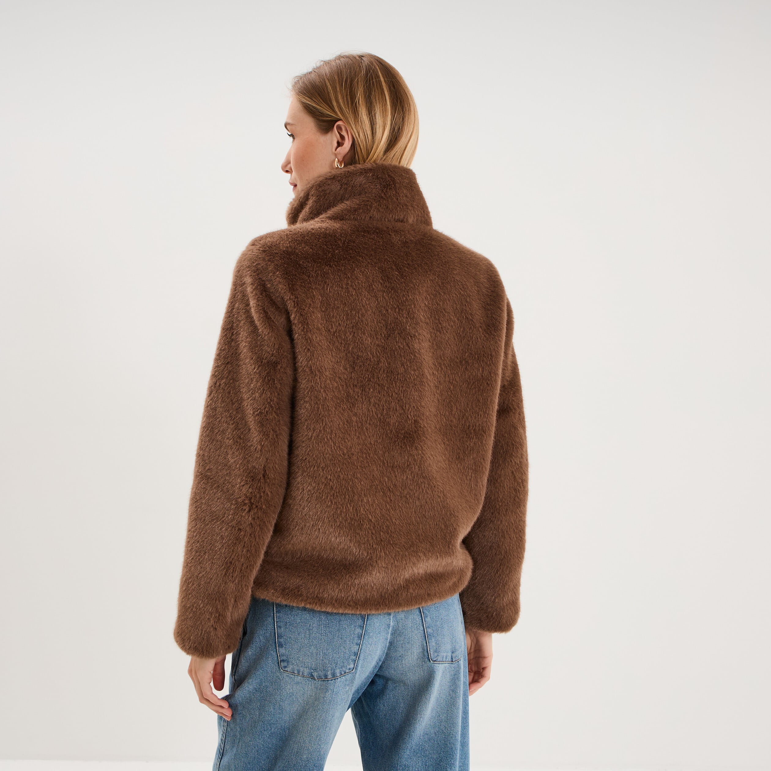 Veste fausse fourrure col montant taupe femme