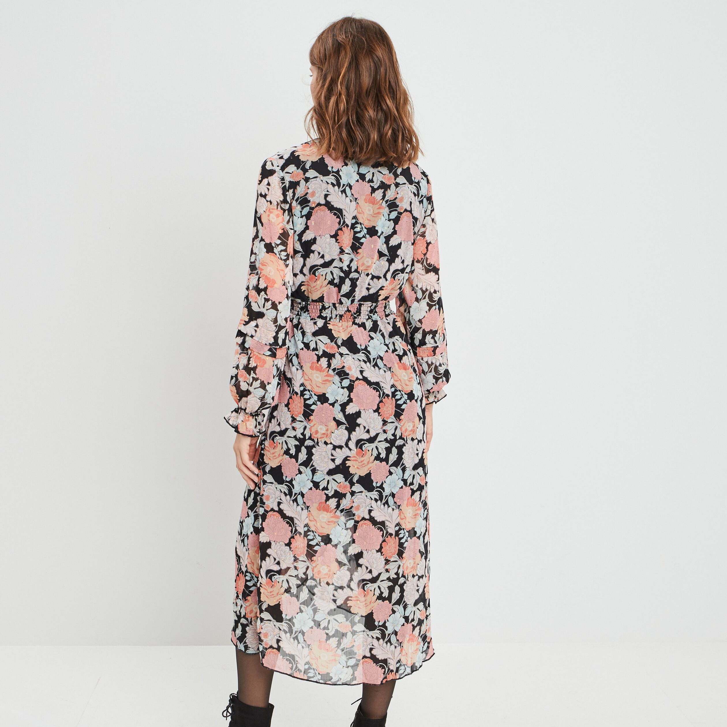 Robe longue fluide col cache-coeur noir femme
