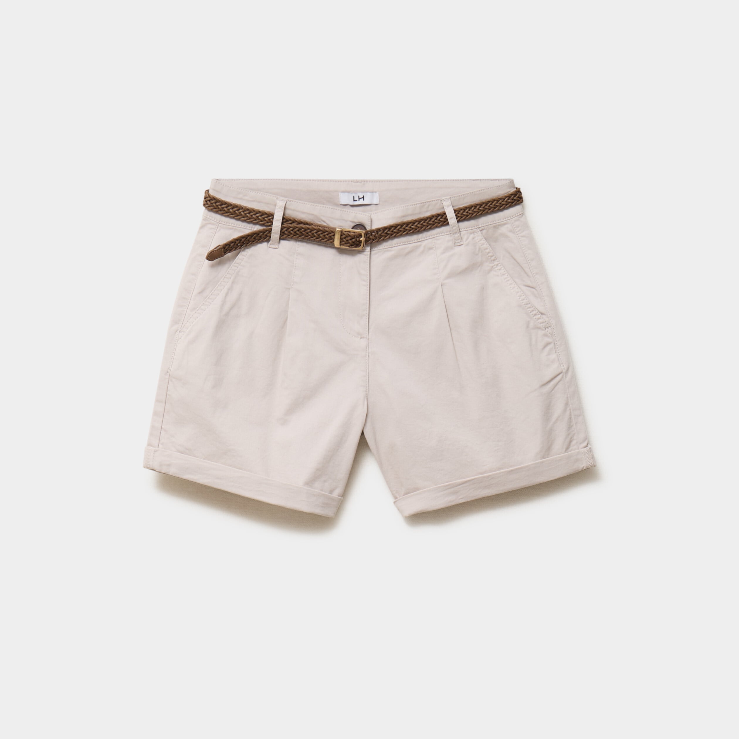 Short chino ceinture tress&eacute;e beige femme