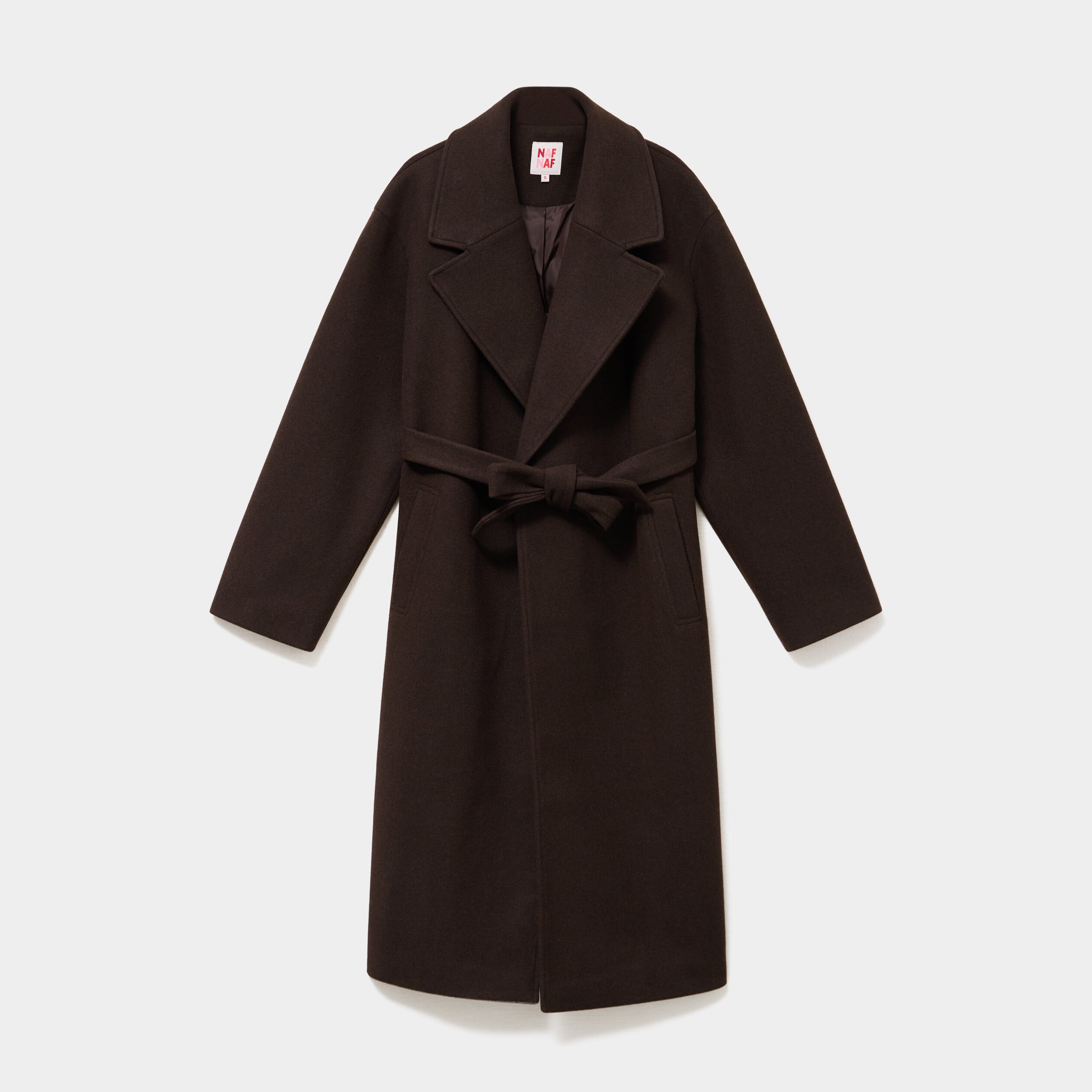 Manteau long oversize ceintur&eacute; marron fonc&eacute; femme