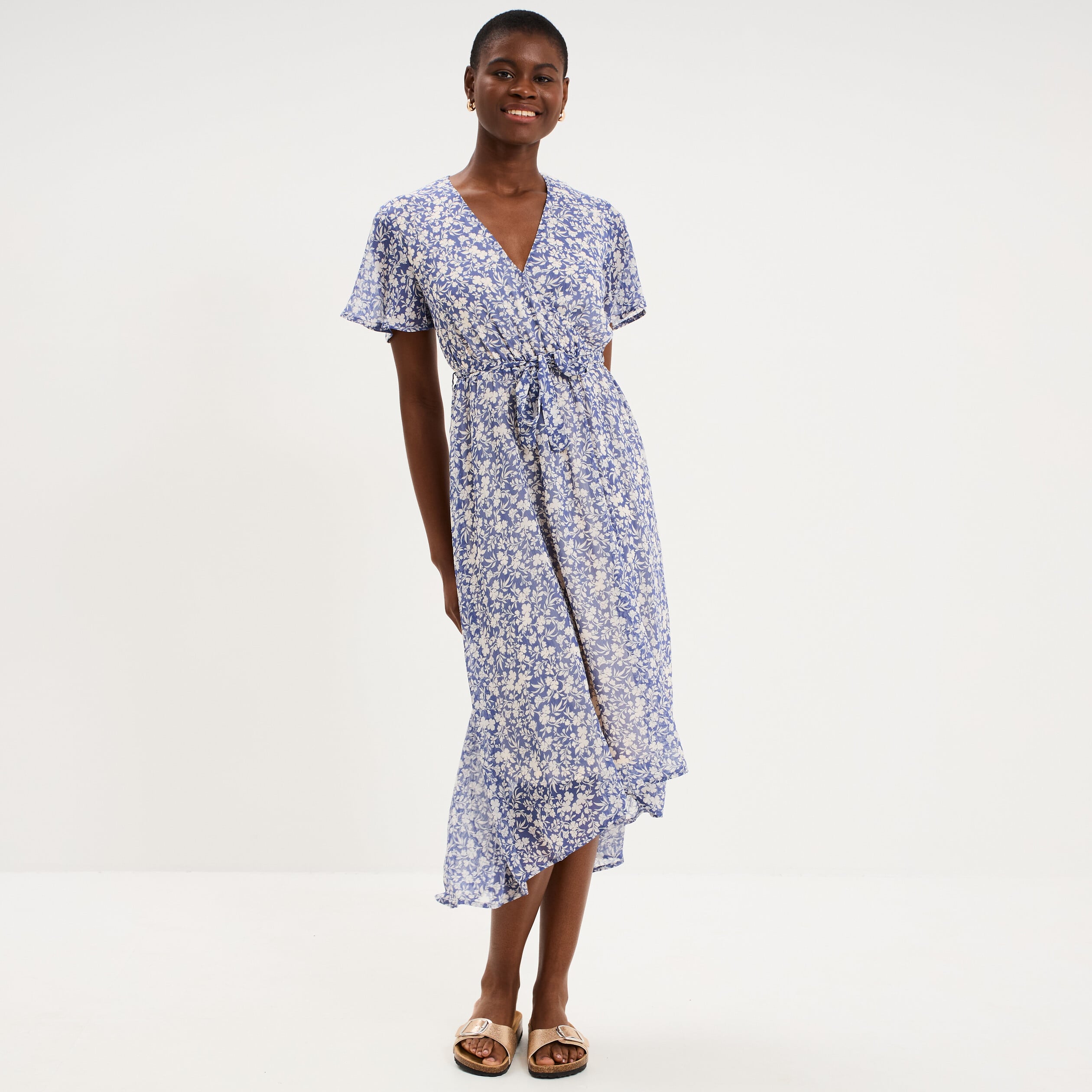 Robe longue &eacute;vas&eacute;e col cache-coeur bleu femme