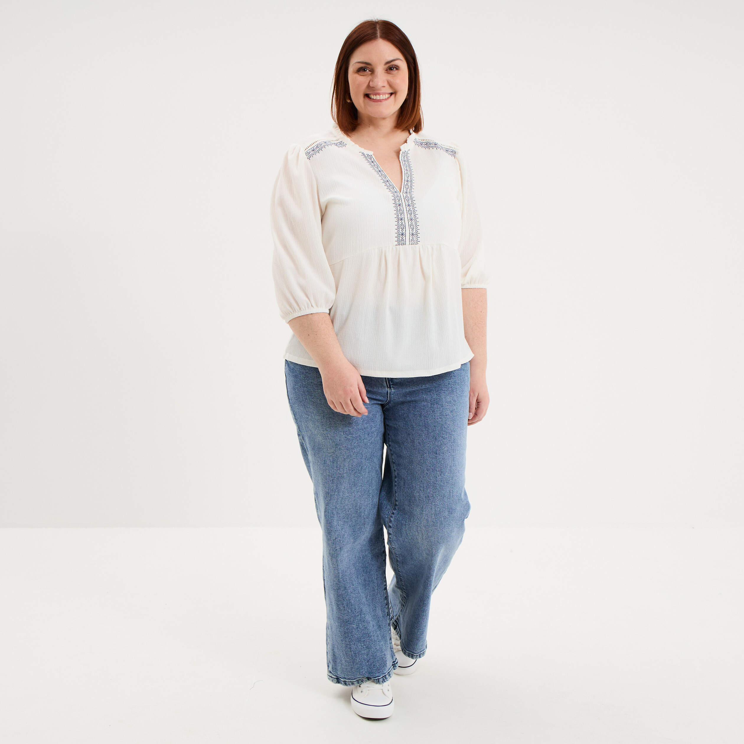 Blouse manches ballons 3/4 ecru femme grande taille