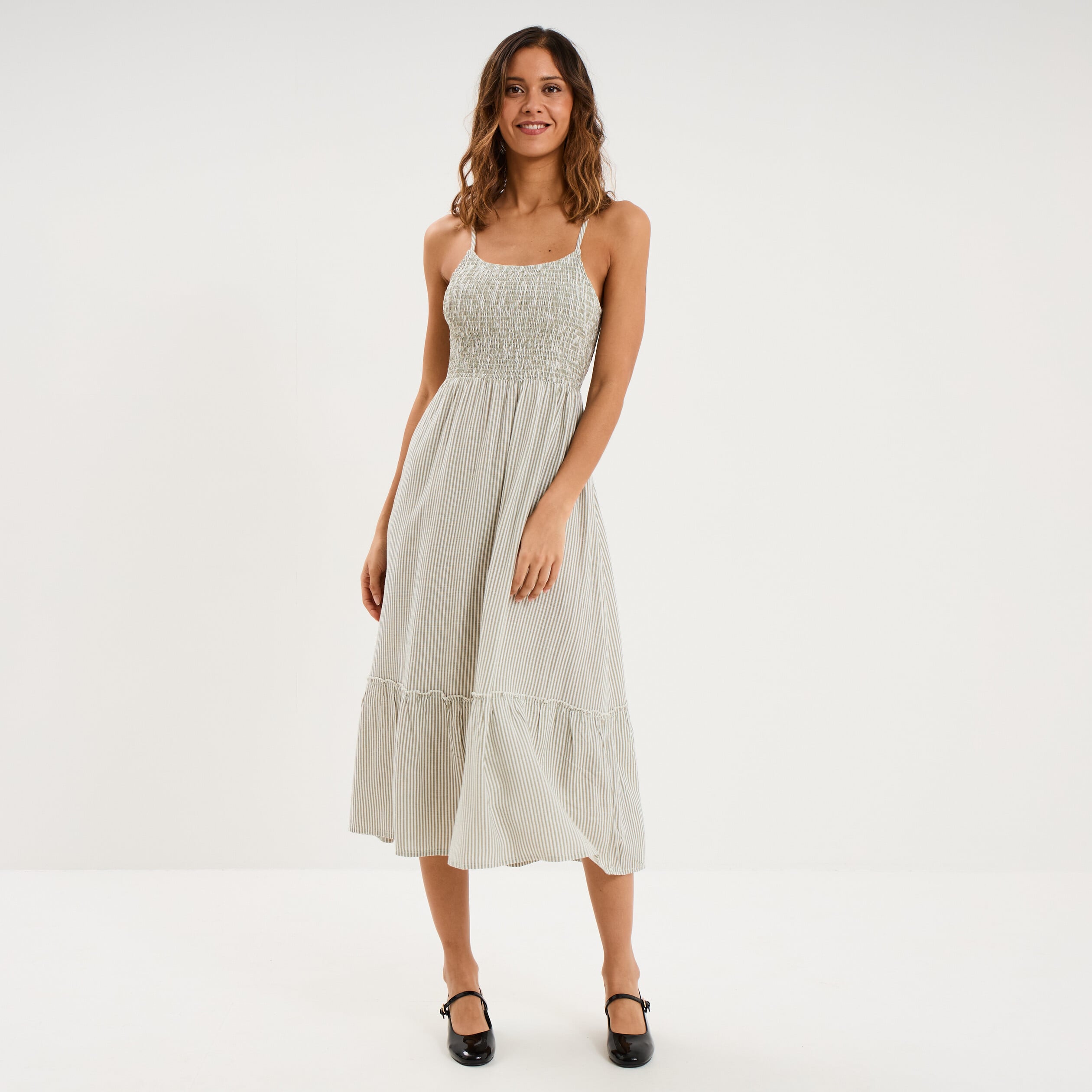 Robe longue buste smock&eacute; lin m&eacute;lang&eacute; blanc femme