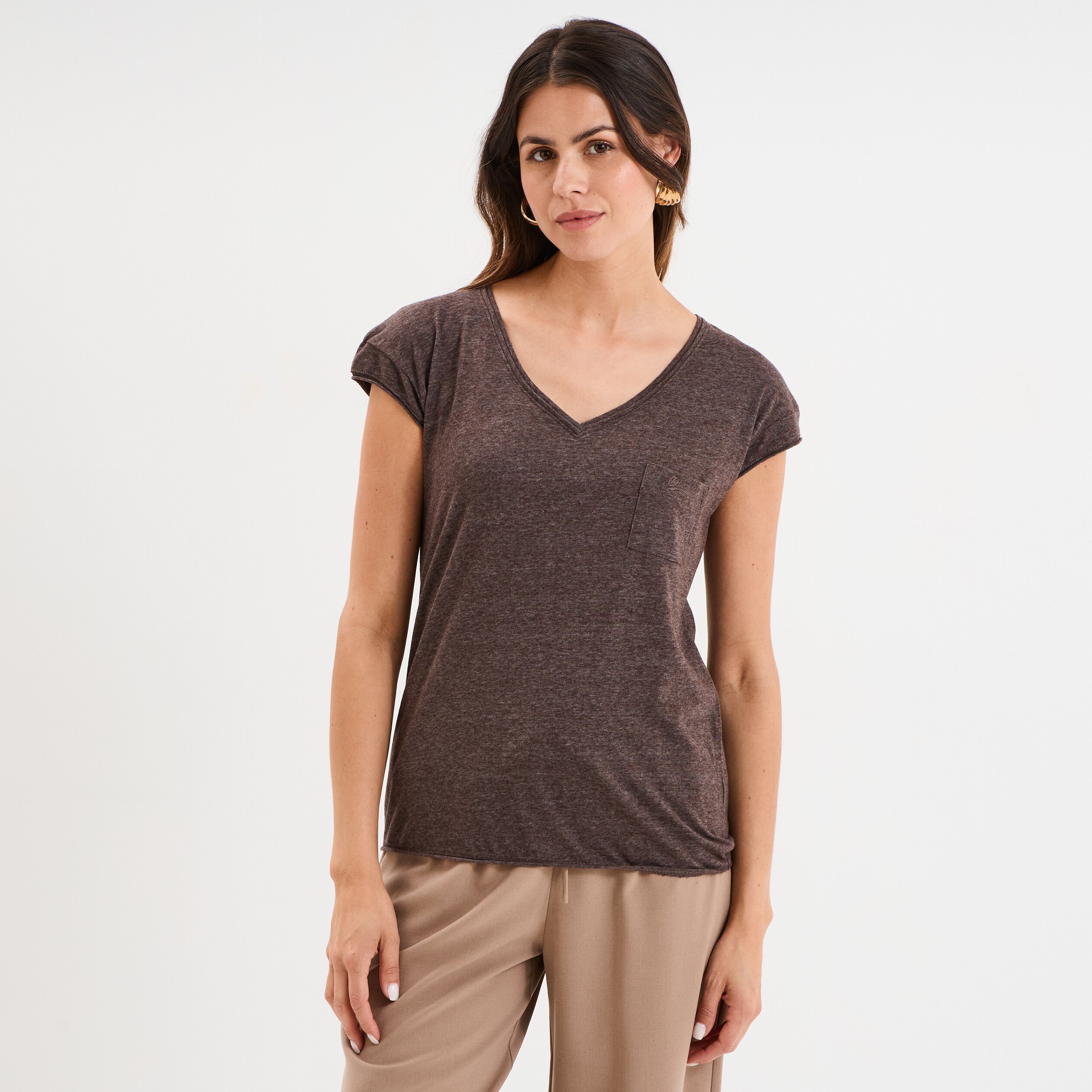 t shirt col v poche poitrine creeks marron fonce femme T-shirt col v poche poitrine Creeks marron foncé femme