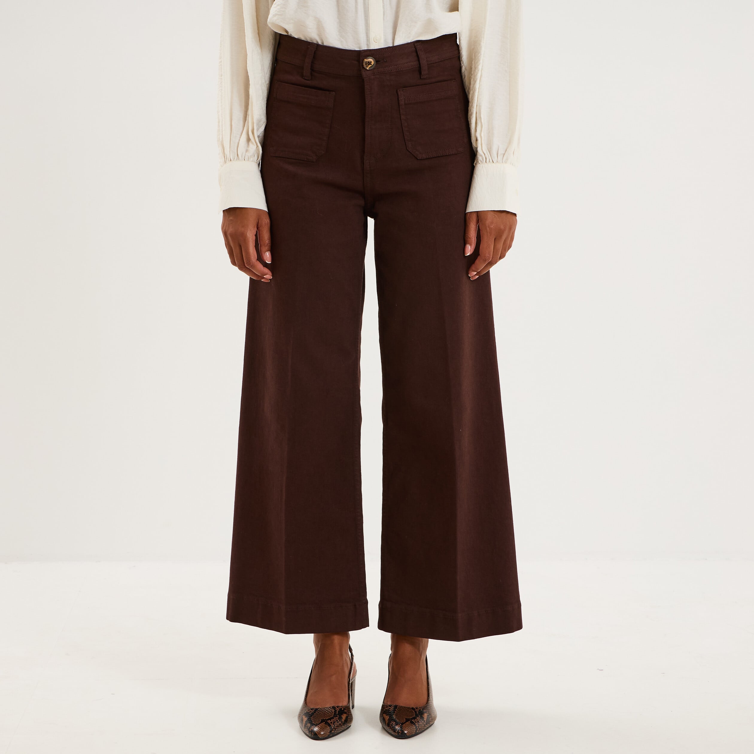 Pantalon large poche plaqu&eacute;e cropped marron fonc&eacute; femme