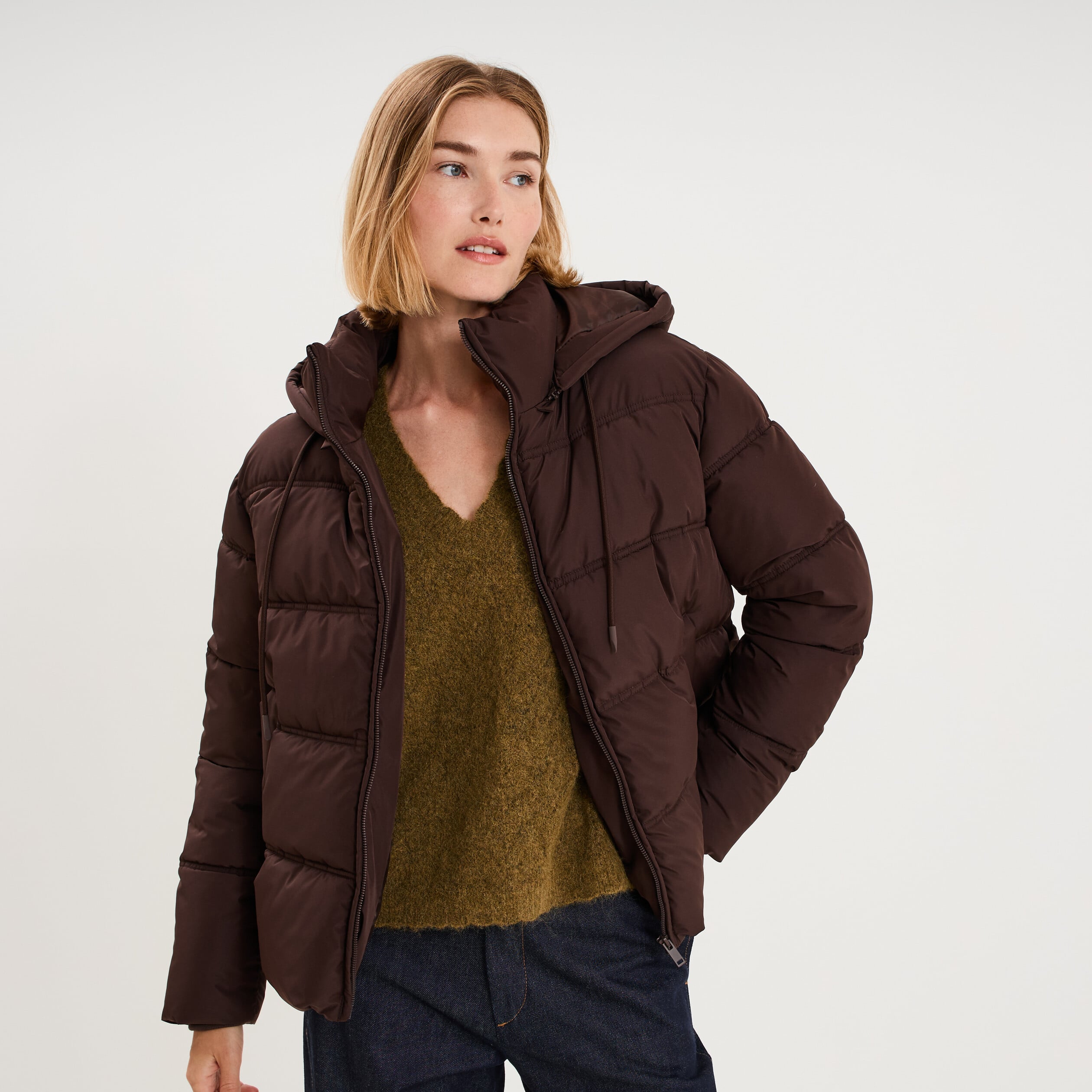 Doudoune &agrave; capuche zipp&eacute;e femme marron fonc&eacute; femme