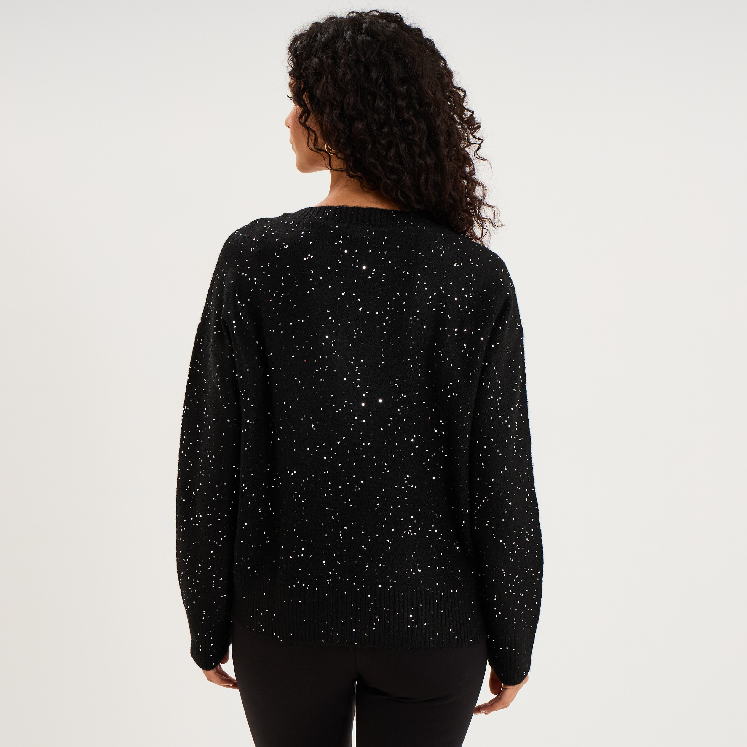 Pull droit &agrave; sequins et col en V noir femme