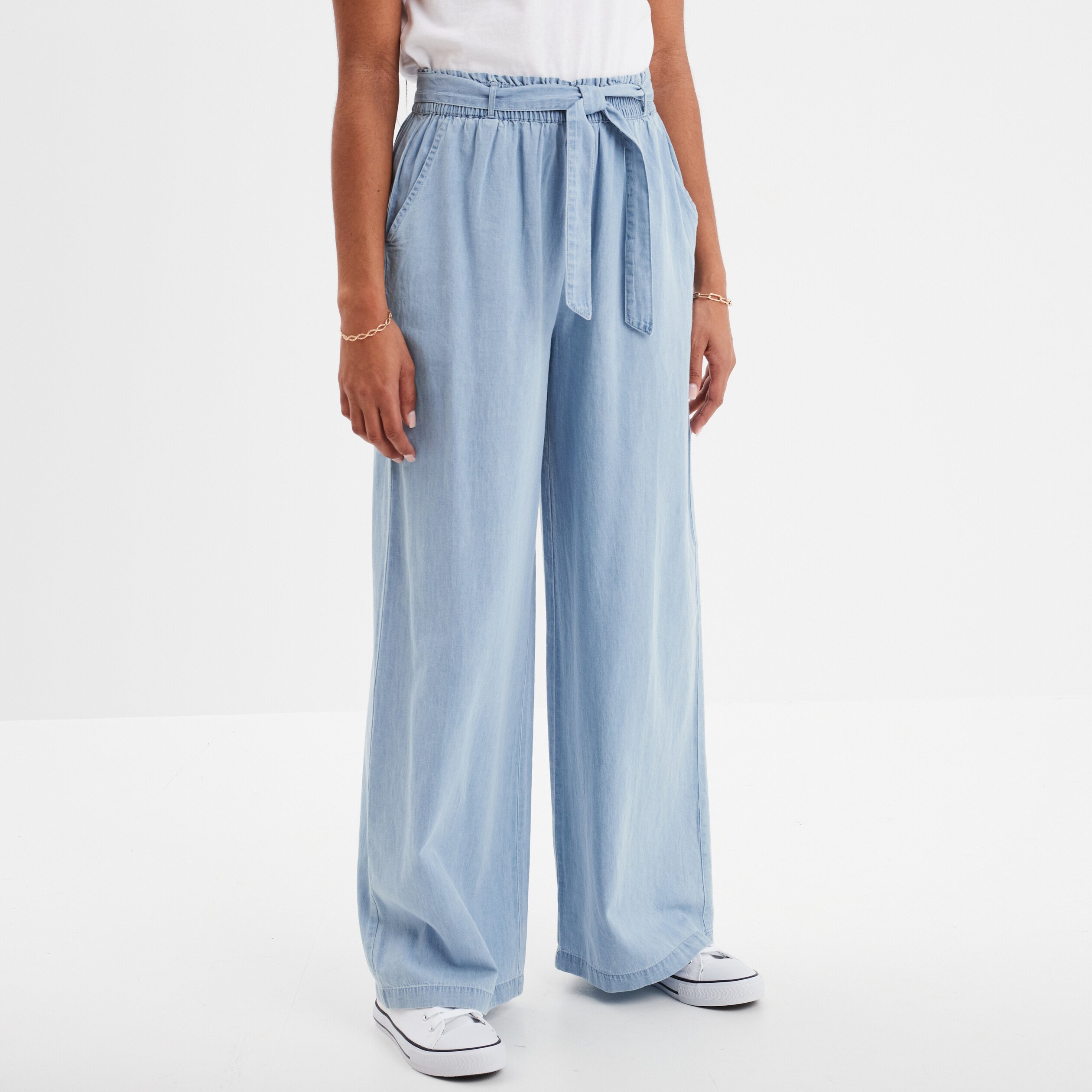 pantalon wide leg ceinture denim stone femme Pantalon wide leg ceinturé denim stone femme