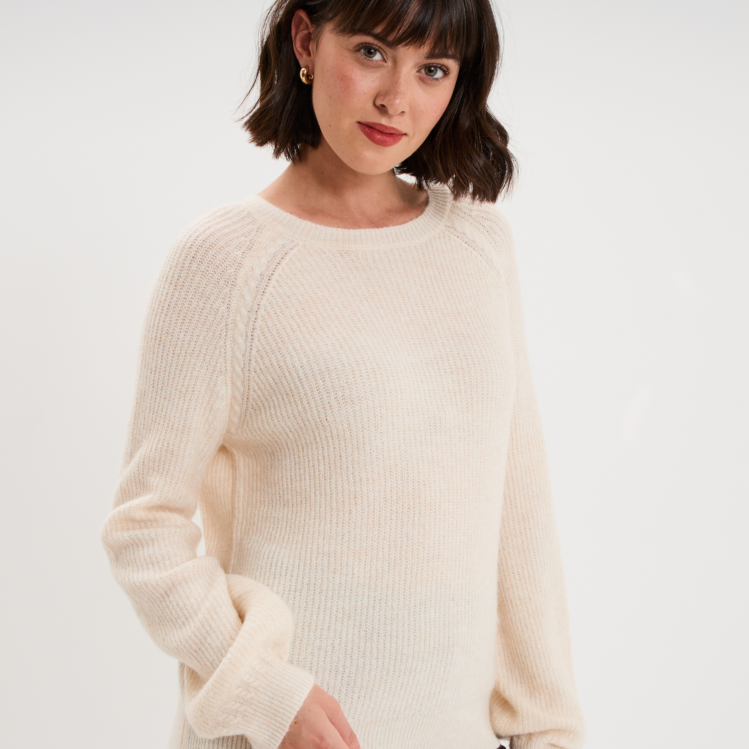 Pull col rond manches longues blanc femme