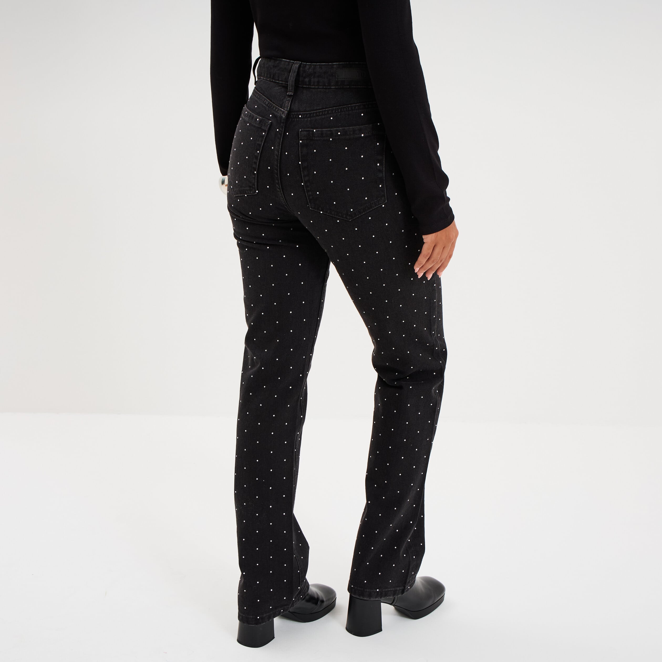 Jean droit &agrave; strass taille haute denim noir femme