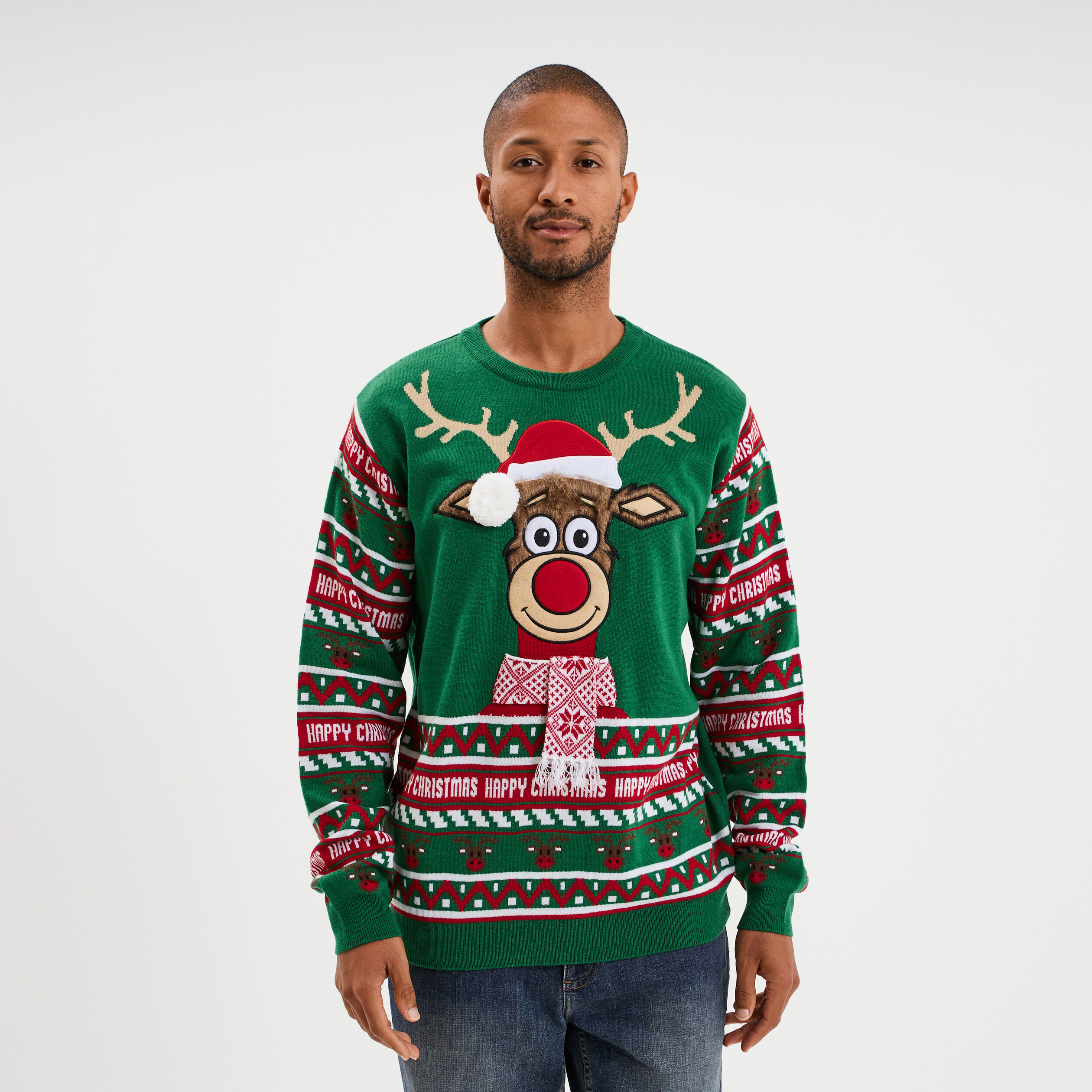 Pull de No&euml;l avec pompon vert homme