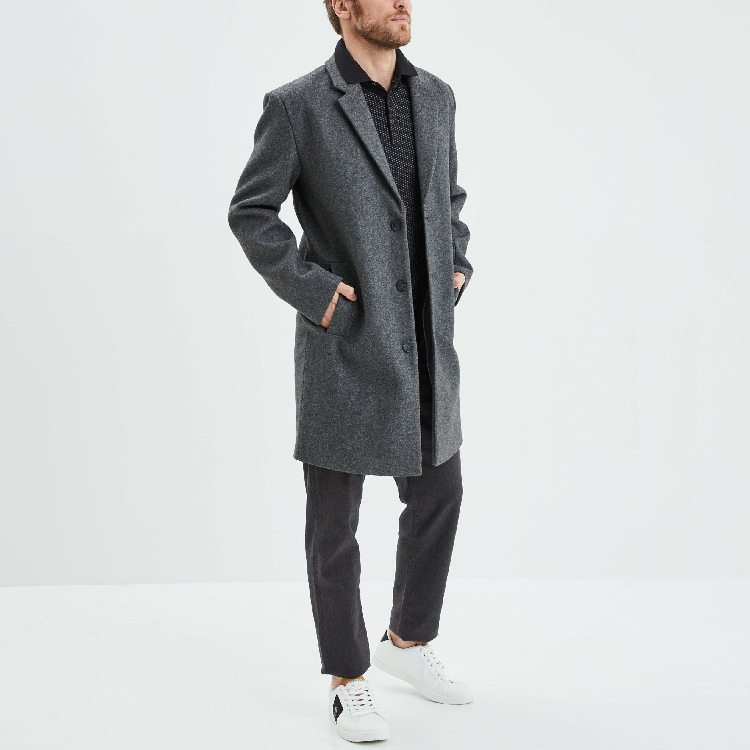 Polo manches longues encolure boutonnée noir homme
