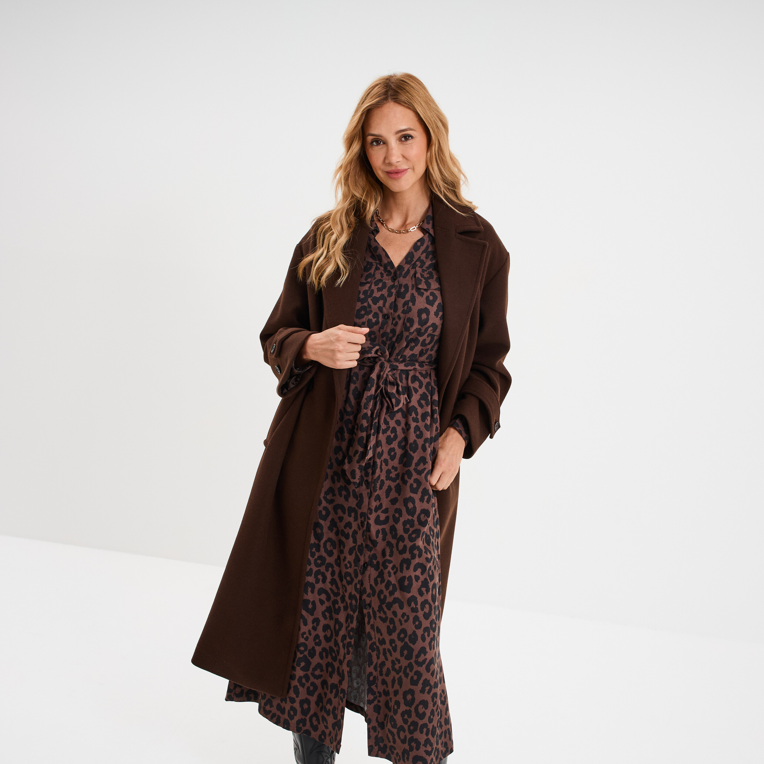 Manteau long boutonné marron foncé femme La Halle