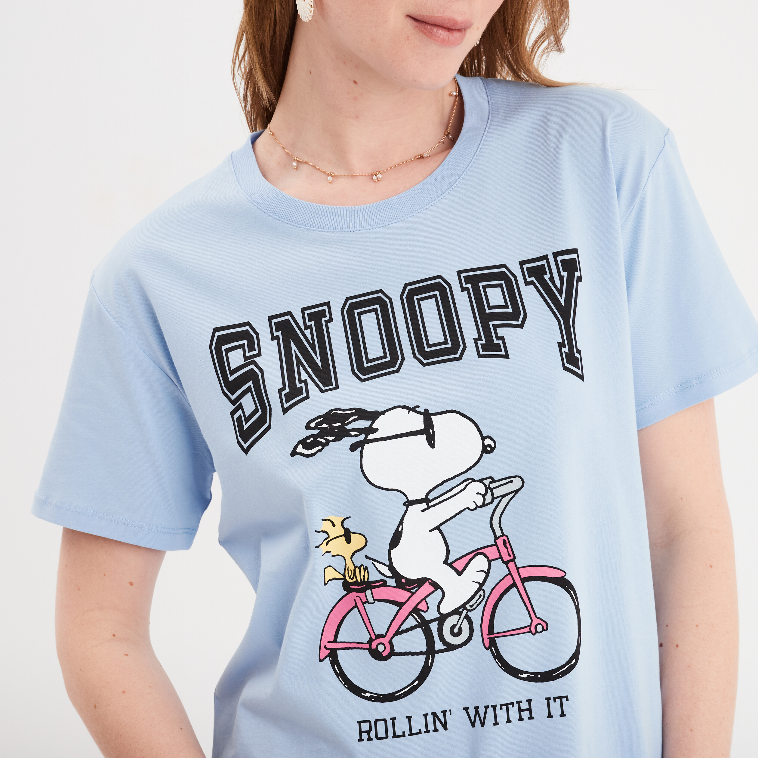 t shirt manches courtes snoopy bleu femme T-shirt manches courtes Snoopy bleu femme