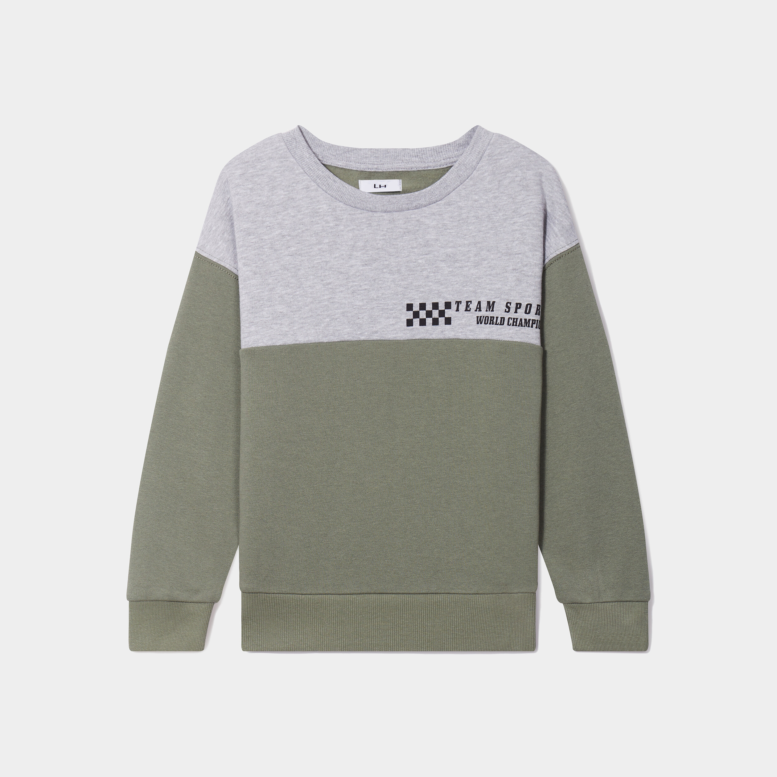 sweat col rond manches longues bicolore vert kaki garcon Sweat col rond manches longues bicolore vert kaki garçon