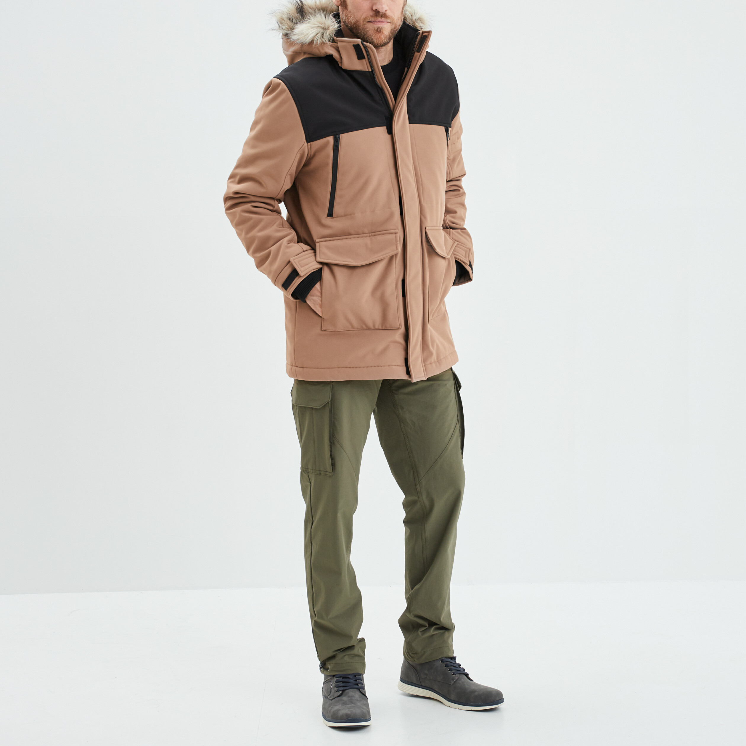 Parka avec capuche fausse fourrure taupe homme