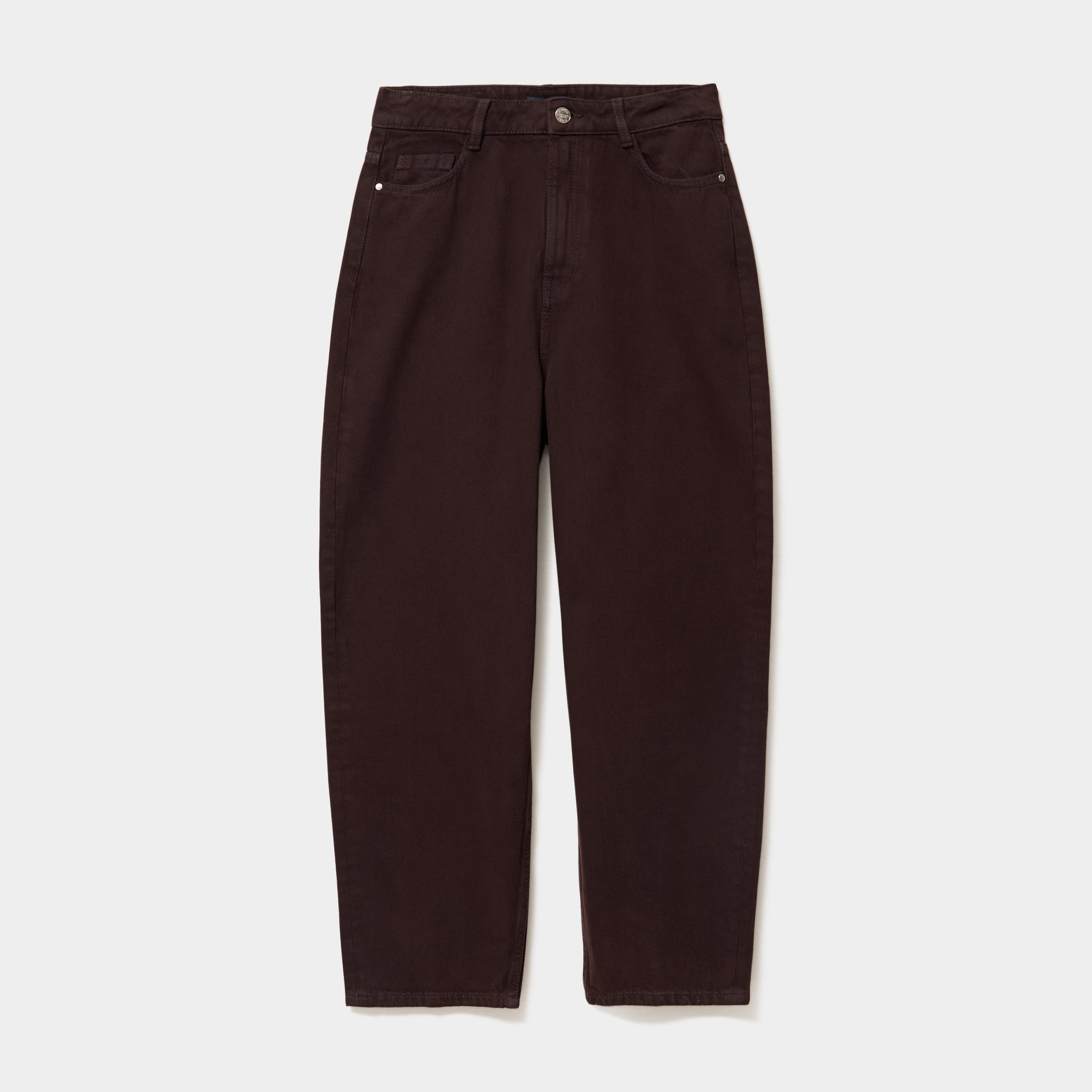 Jean balloon taille haute cropped coton marron fonc&eacute; femme