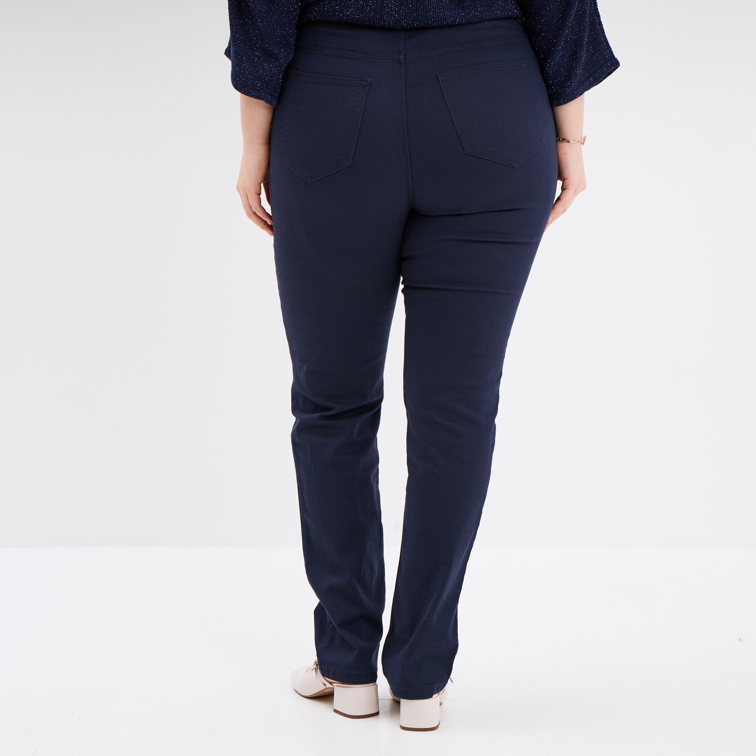 Pantalon droit taille haute extensible bleu marine femme grande taille