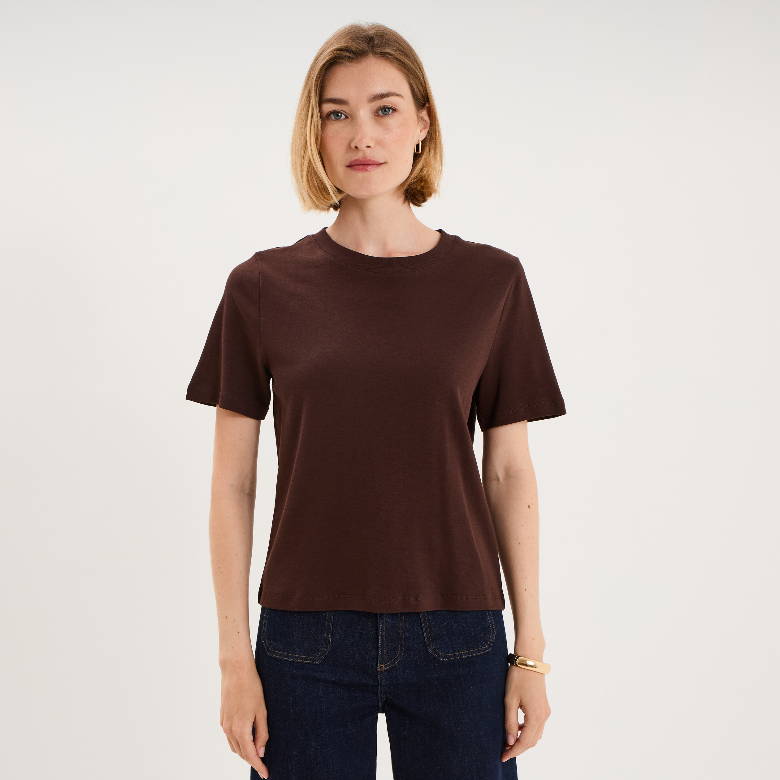 T-shirt manches courtes col rond coton marron fonc&eacute; femme