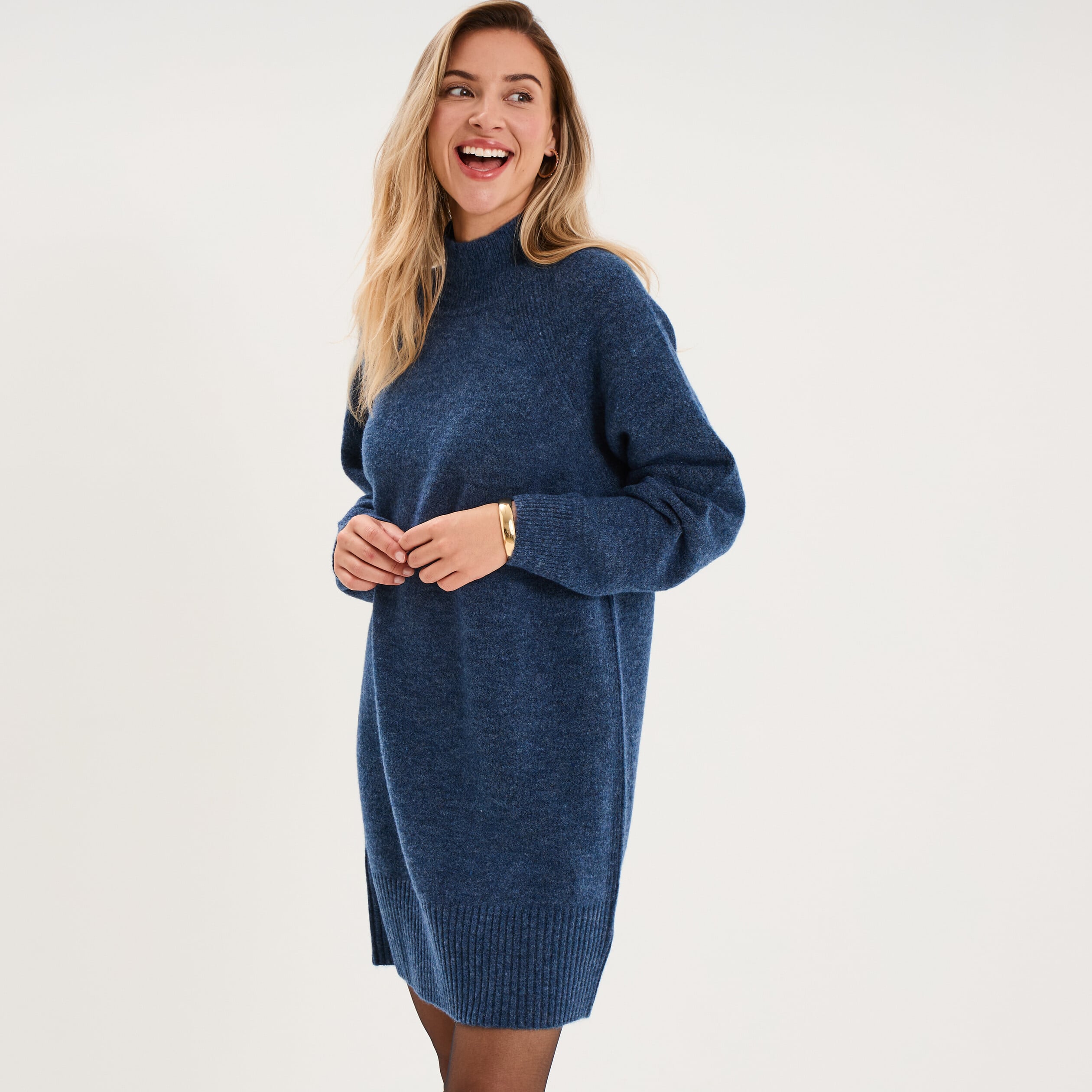 Robe pull col montant manches longues bleu femme