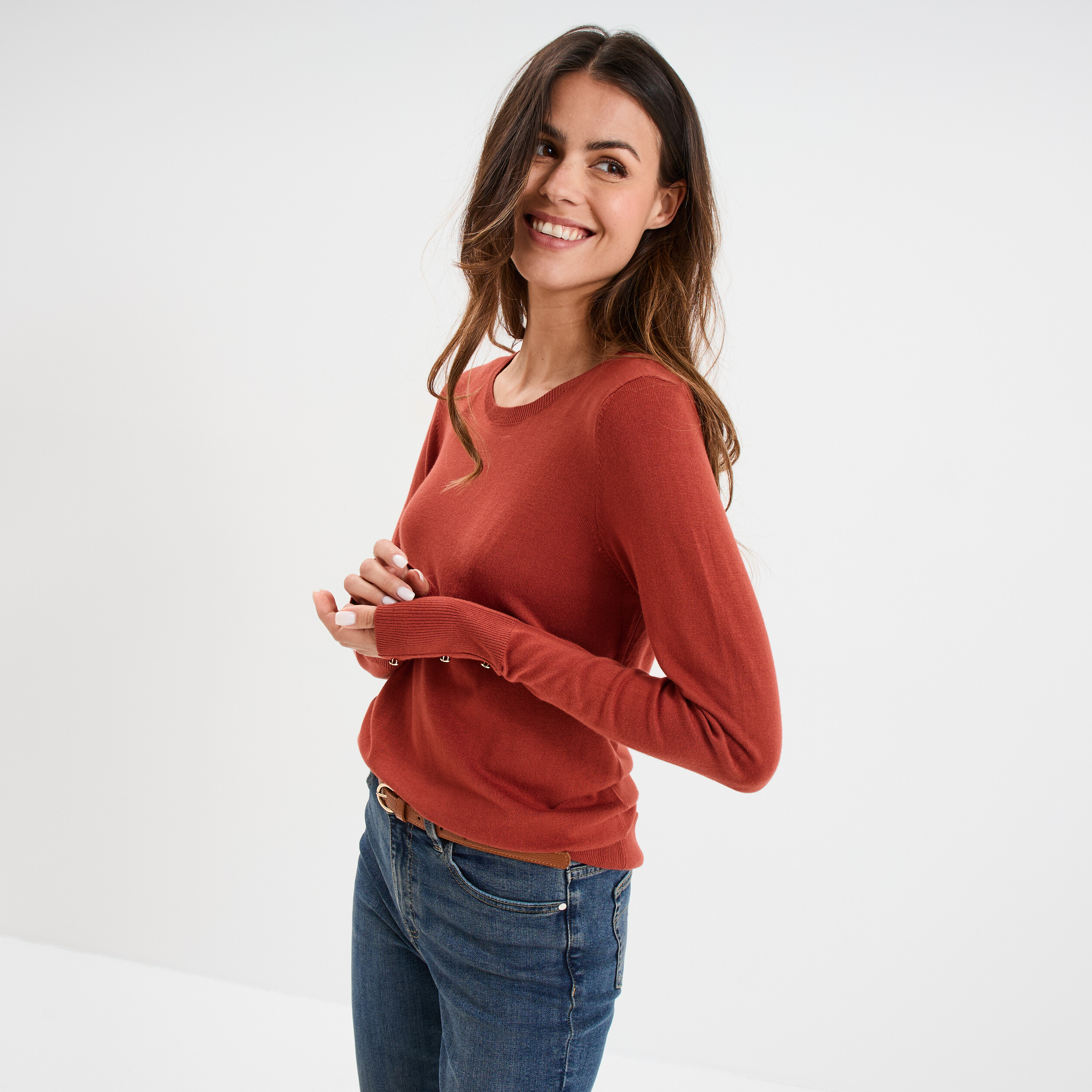 pull col rond boutons aux poignets vieux rose femme Pull col rond boutons aux poignets vieux rose femme