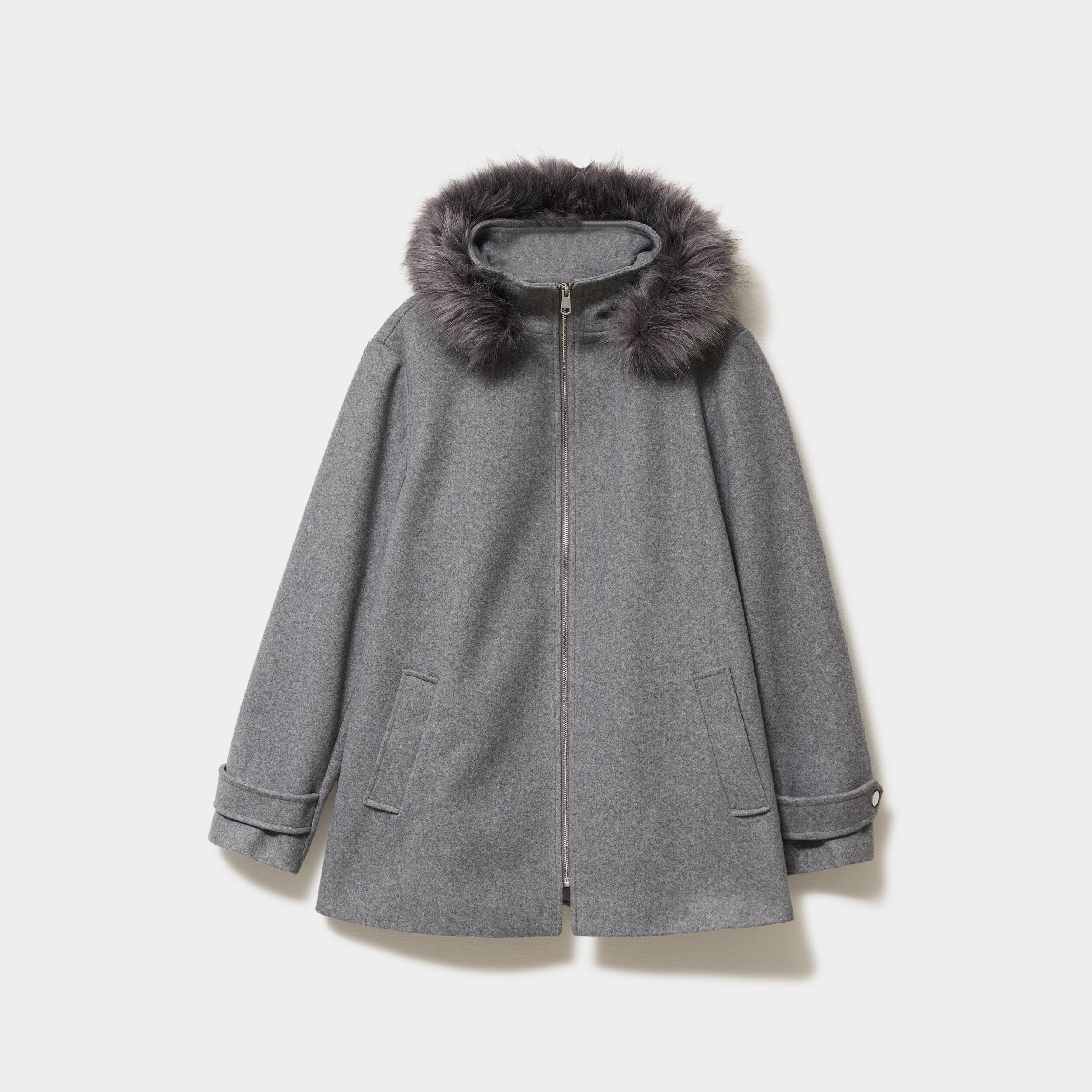 Manteau zipp&eacute; &agrave; capuche fausse fourrure gris femme grande taille