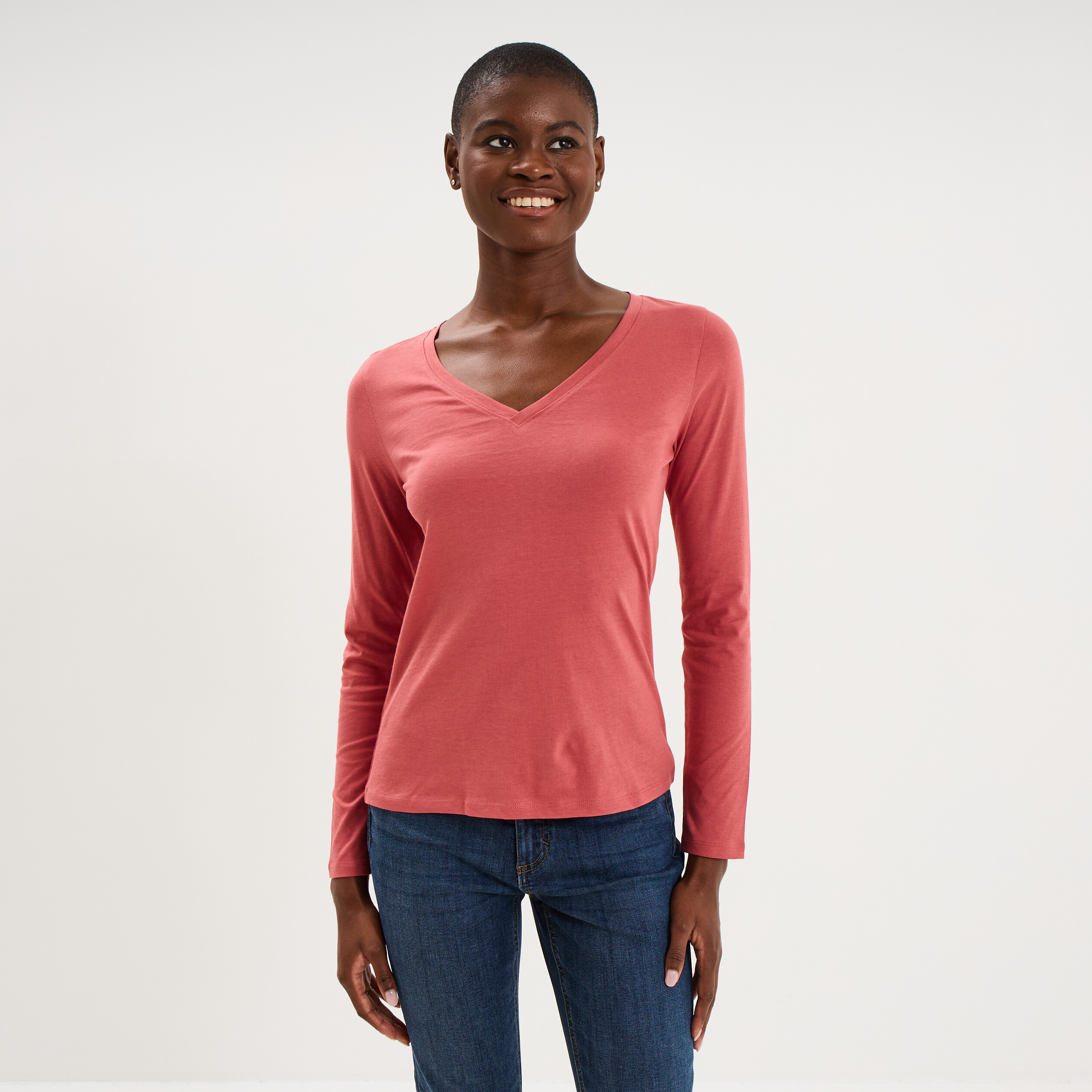 T-shirt col en V manches longues coton vieux rose femme