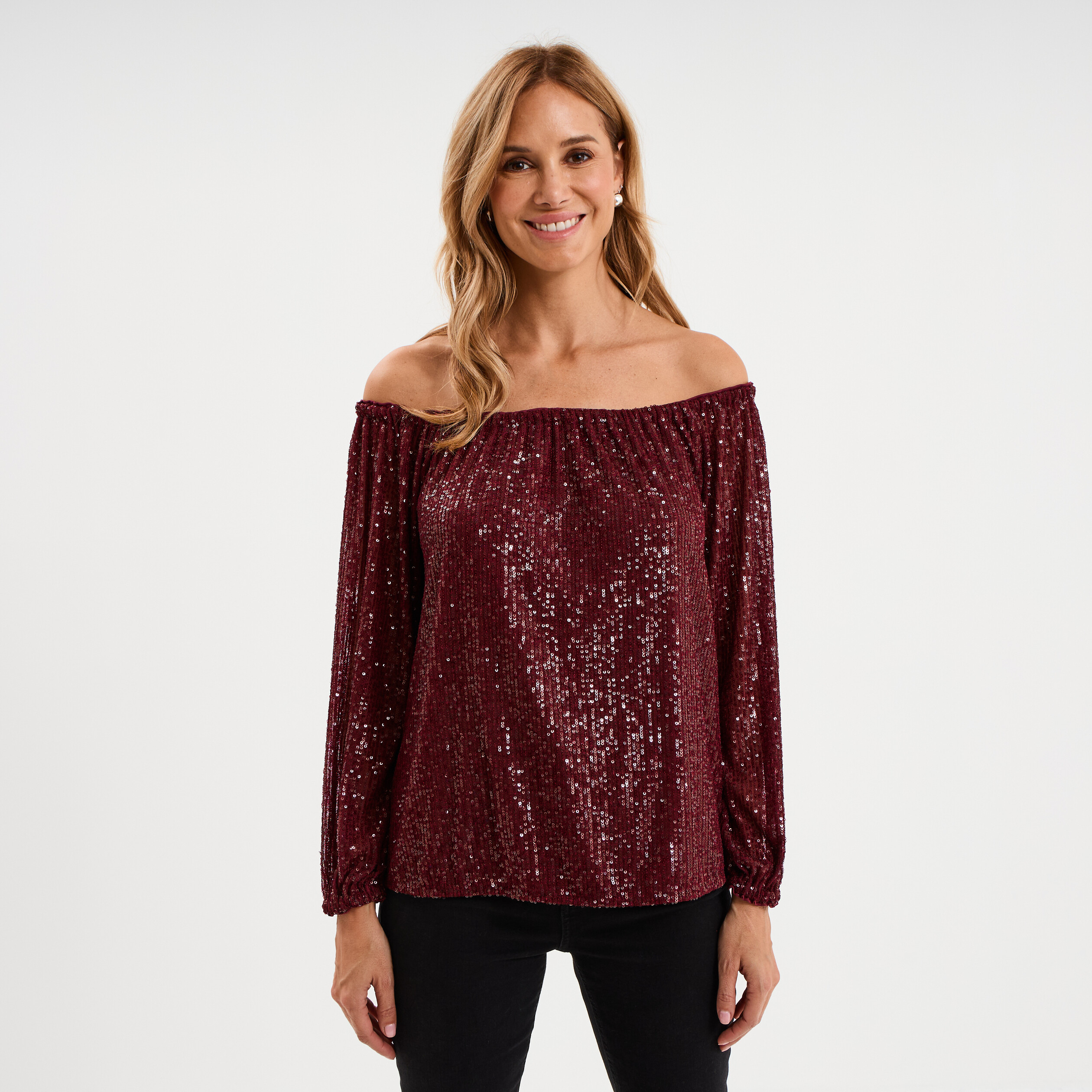 T-shirt sequins et col bardot rouge fonc&eacute; femme
