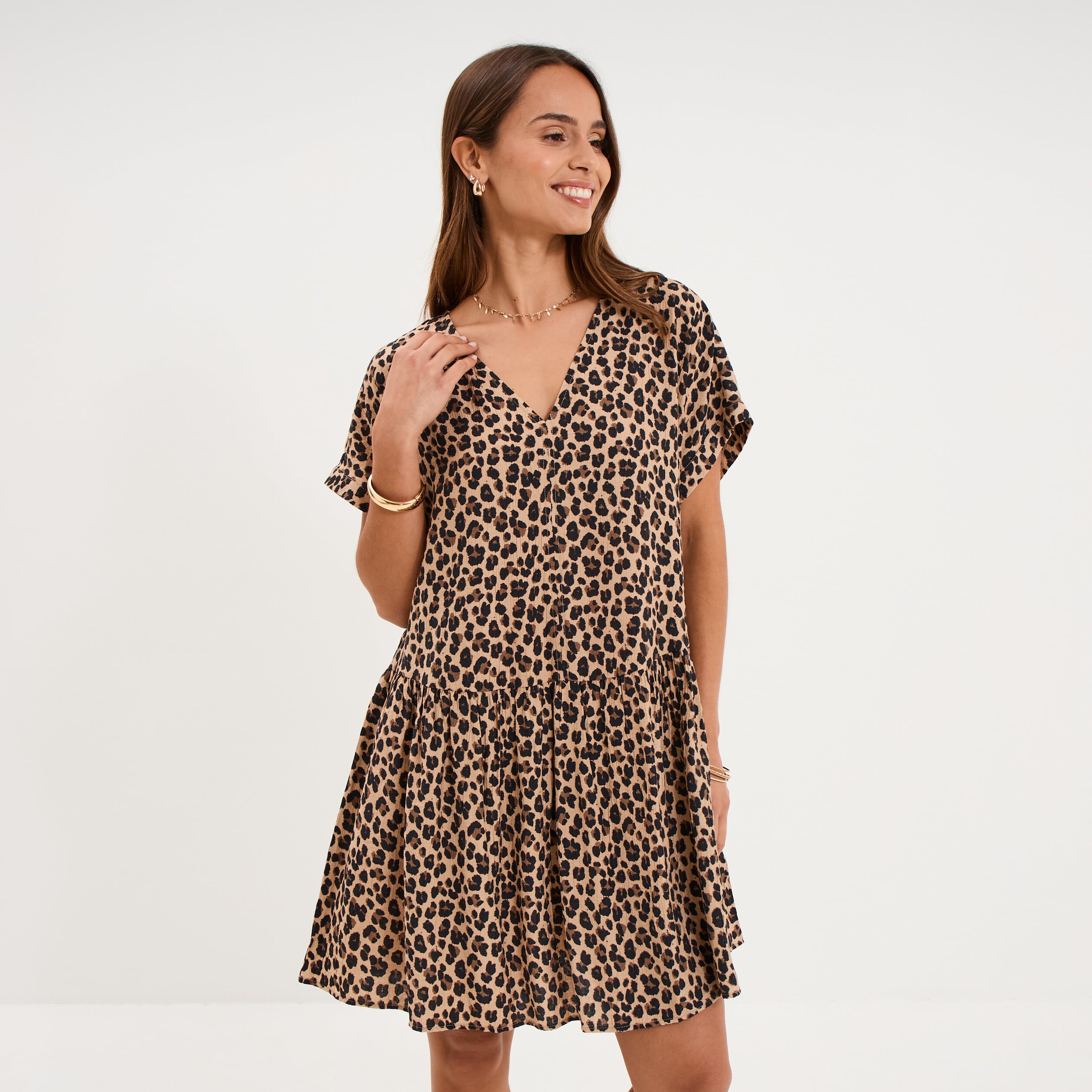 Robe courte fluide manches courtes beige clair femme