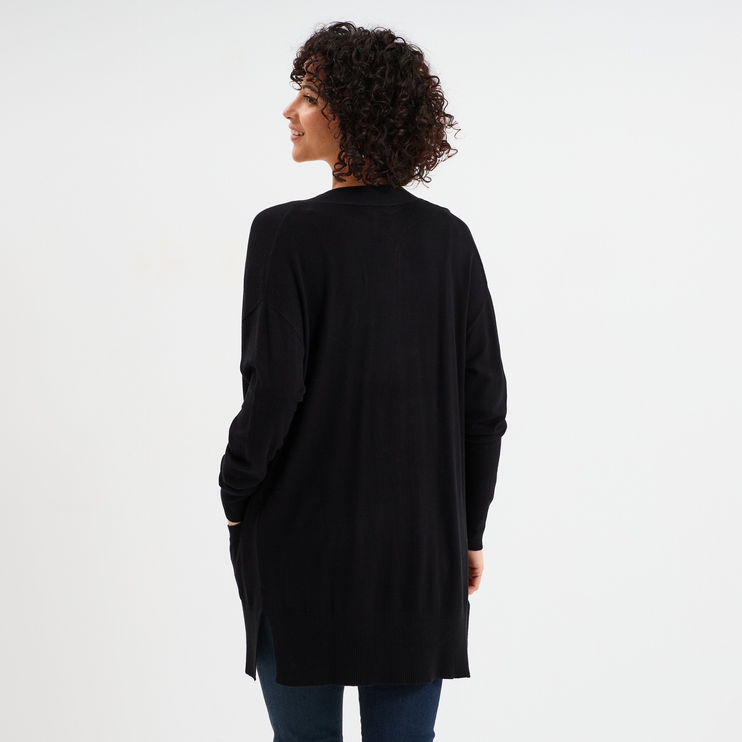 Gilet mi-long manches longues noir femme