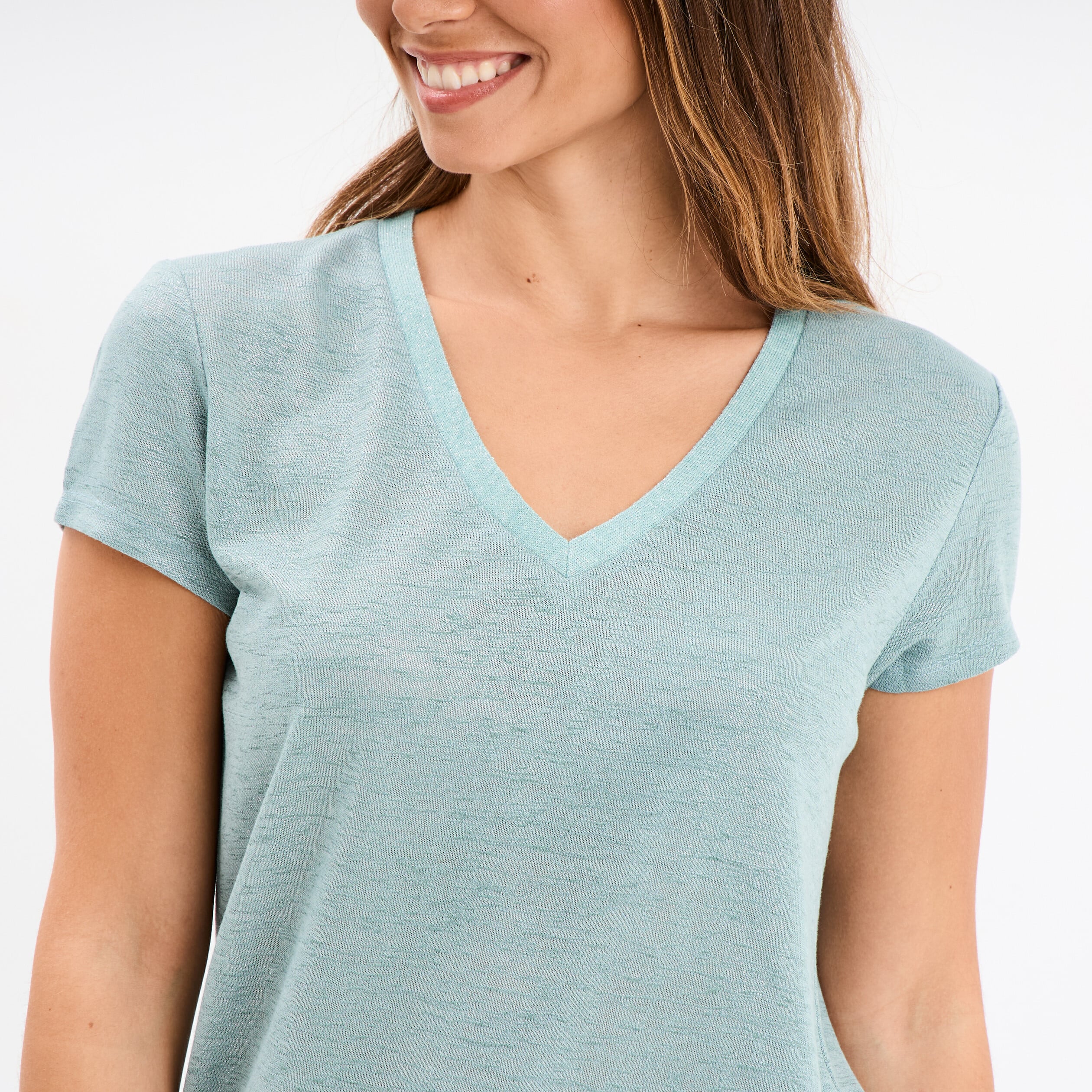 T-shirt col en V manches courtes bleu gris femme